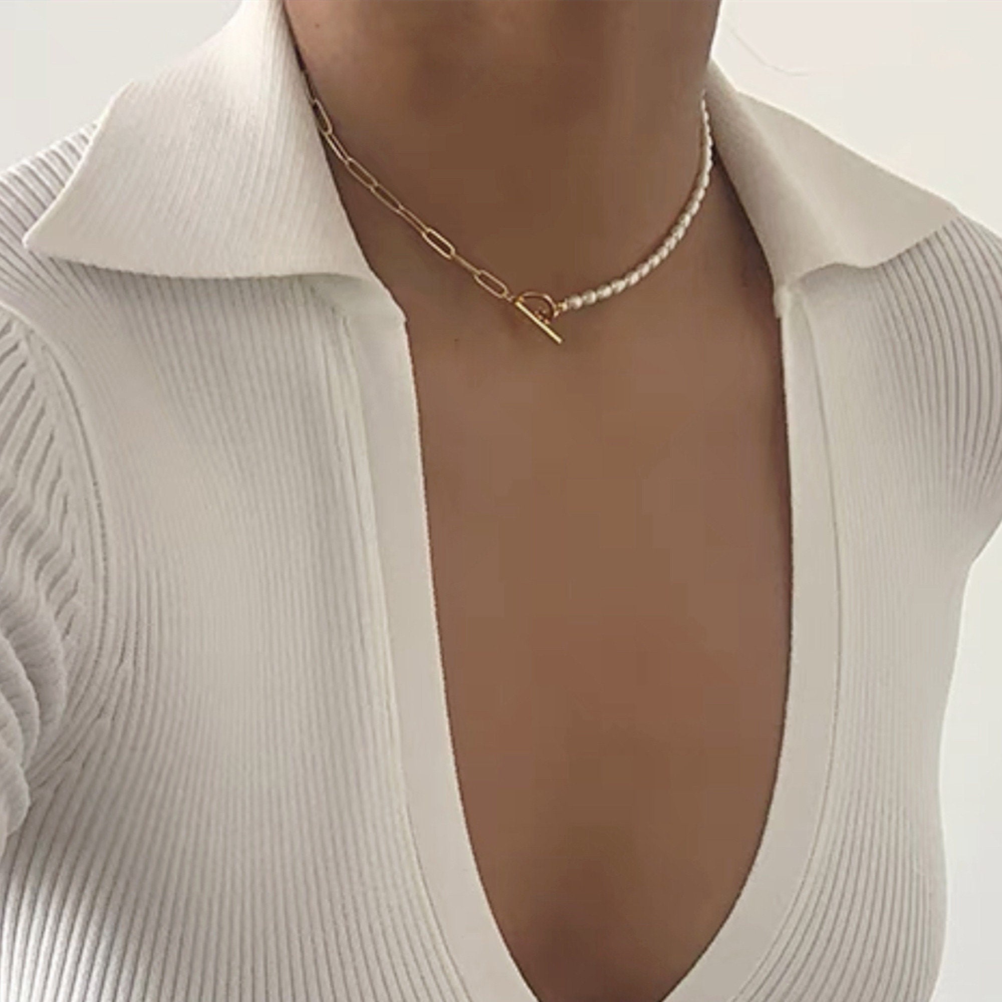 Dainty Half White Oval Pearl Half Gold Plated Box Chain Choker Necklace