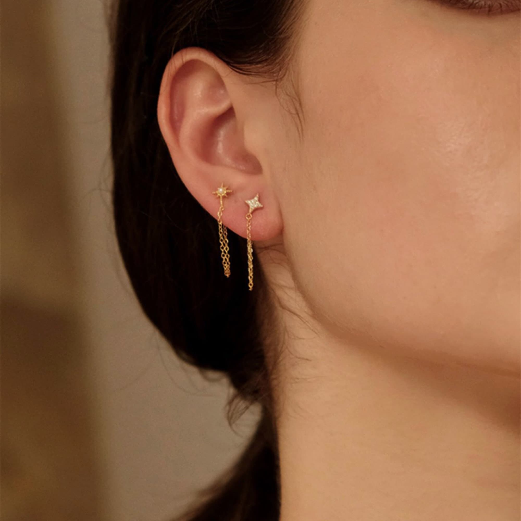 Gold and Silver CZ or Pearl Star Chain Earrings, Dainty Moon Bar Ear Threader String