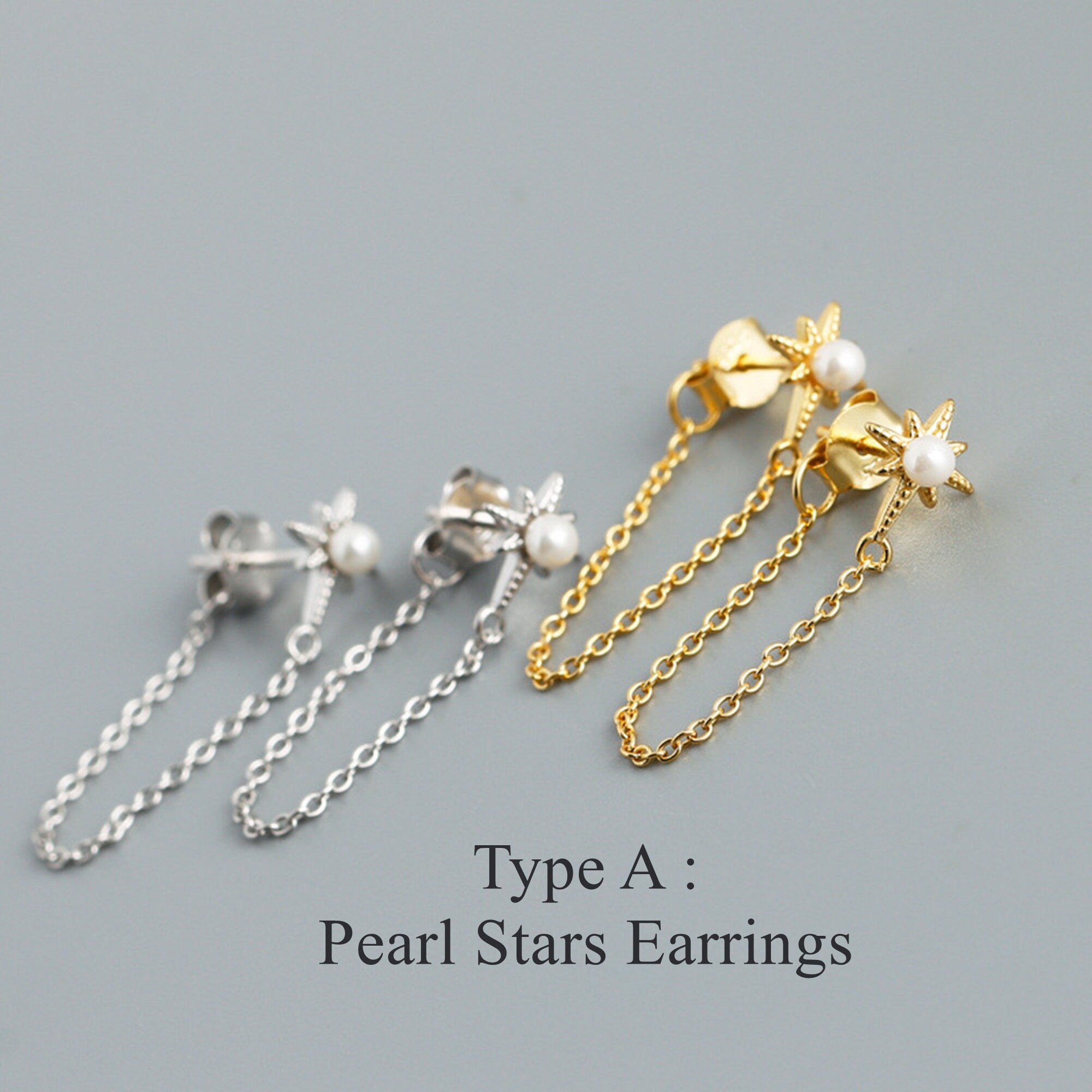 Gold and Silver CZ or Pearl Star Chain Earrings, Dainty Moon Bar Ear Threader String