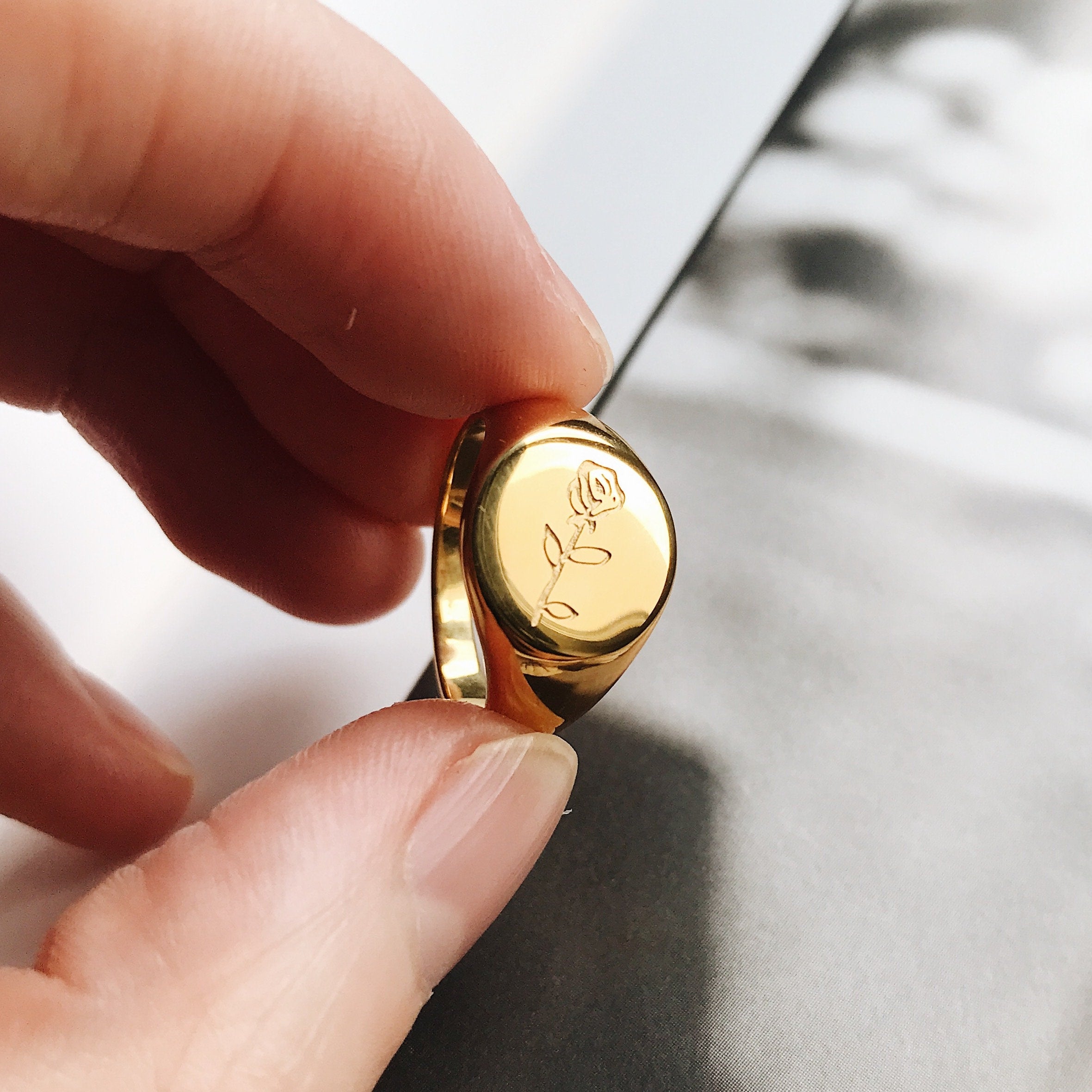 Dainty Gold Engraved Rose Round Signet Ring