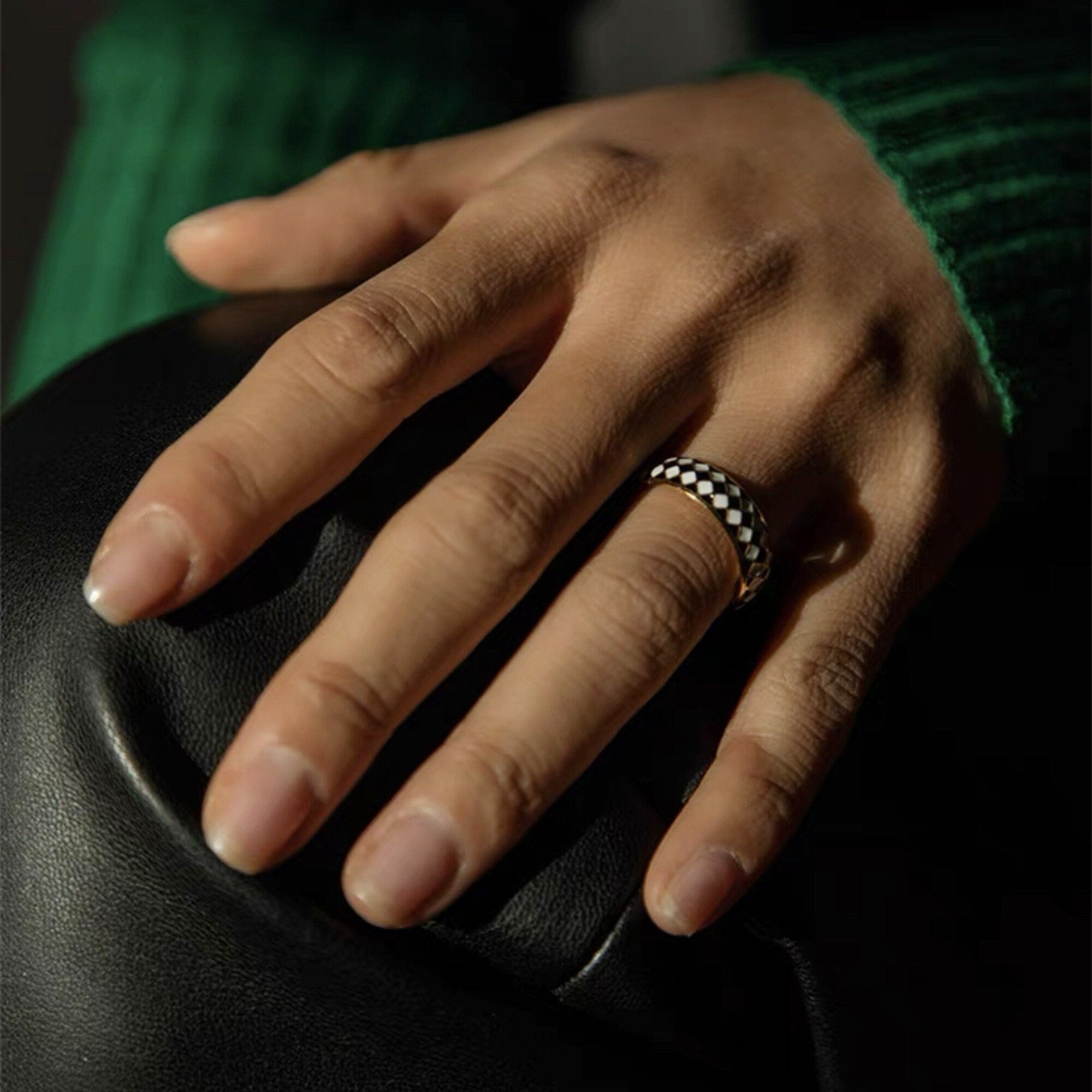 Gold Plated Chunky Black and Whit Checkered Ring Dome Ring, Chucky Checked Stacking Band Ring, Gift for her