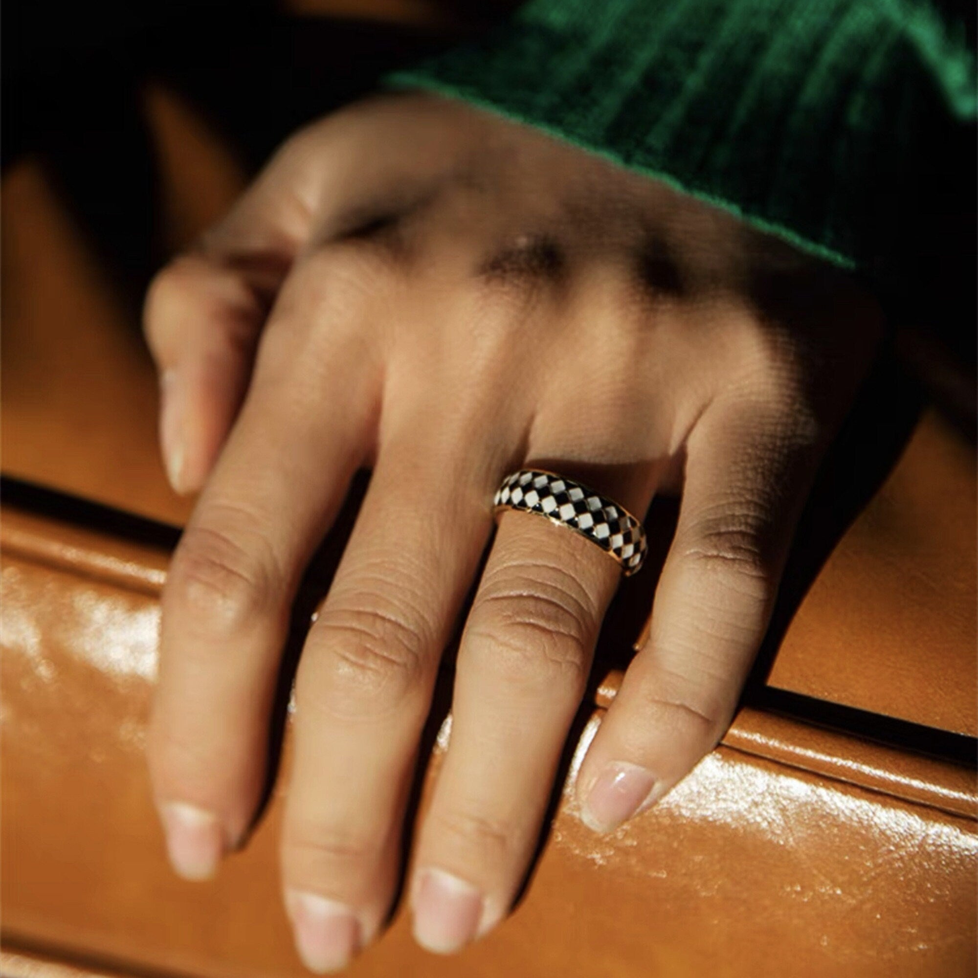 Gold Plated Chunky Black and Whit Checkered Ring Dome Ring, Chucky Checked Stacking Band Ring, Gift for her