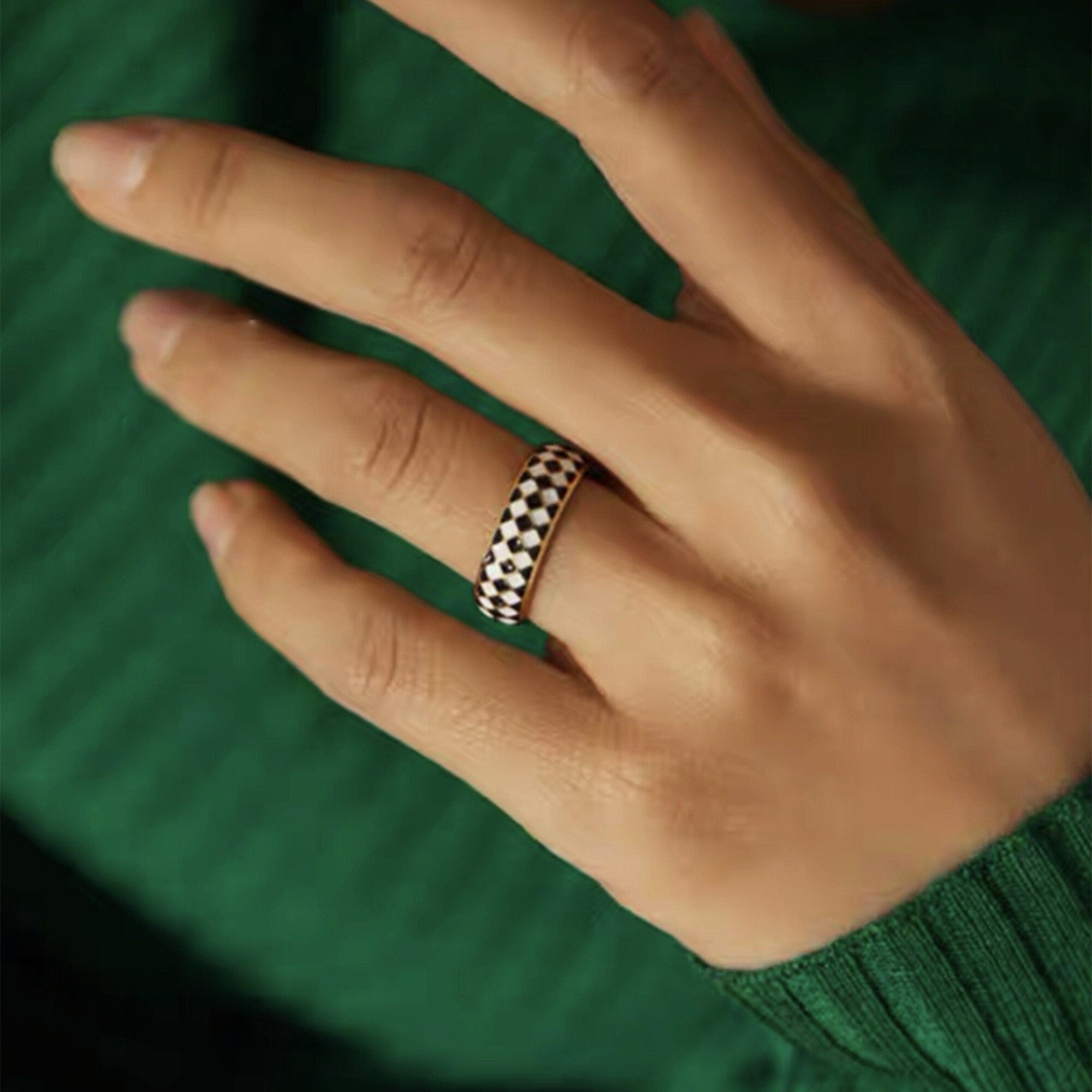 Gold Plated Chunky Black and Whit Checkered Ring Dome Ring, Chucky Checked Stacking Band Ring, Gift for her