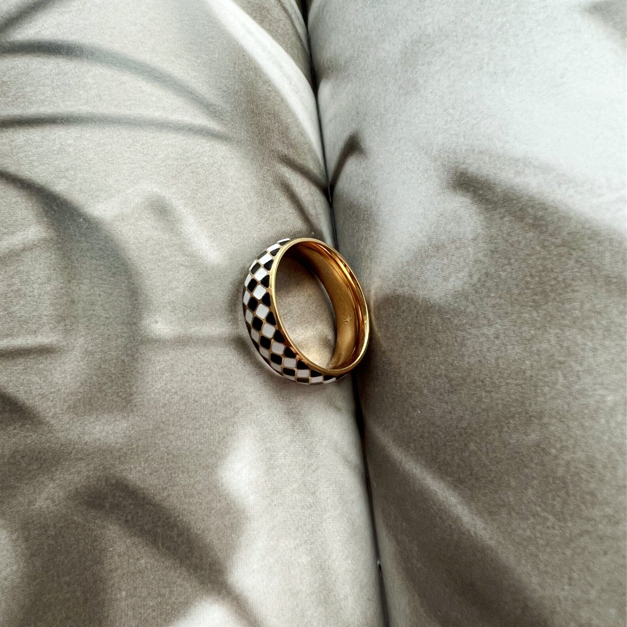 Gold Plated Chunky Black and Whit Checkered Ring Dome Ring, Chucky Checked Stacking Band Ring, Gift for her