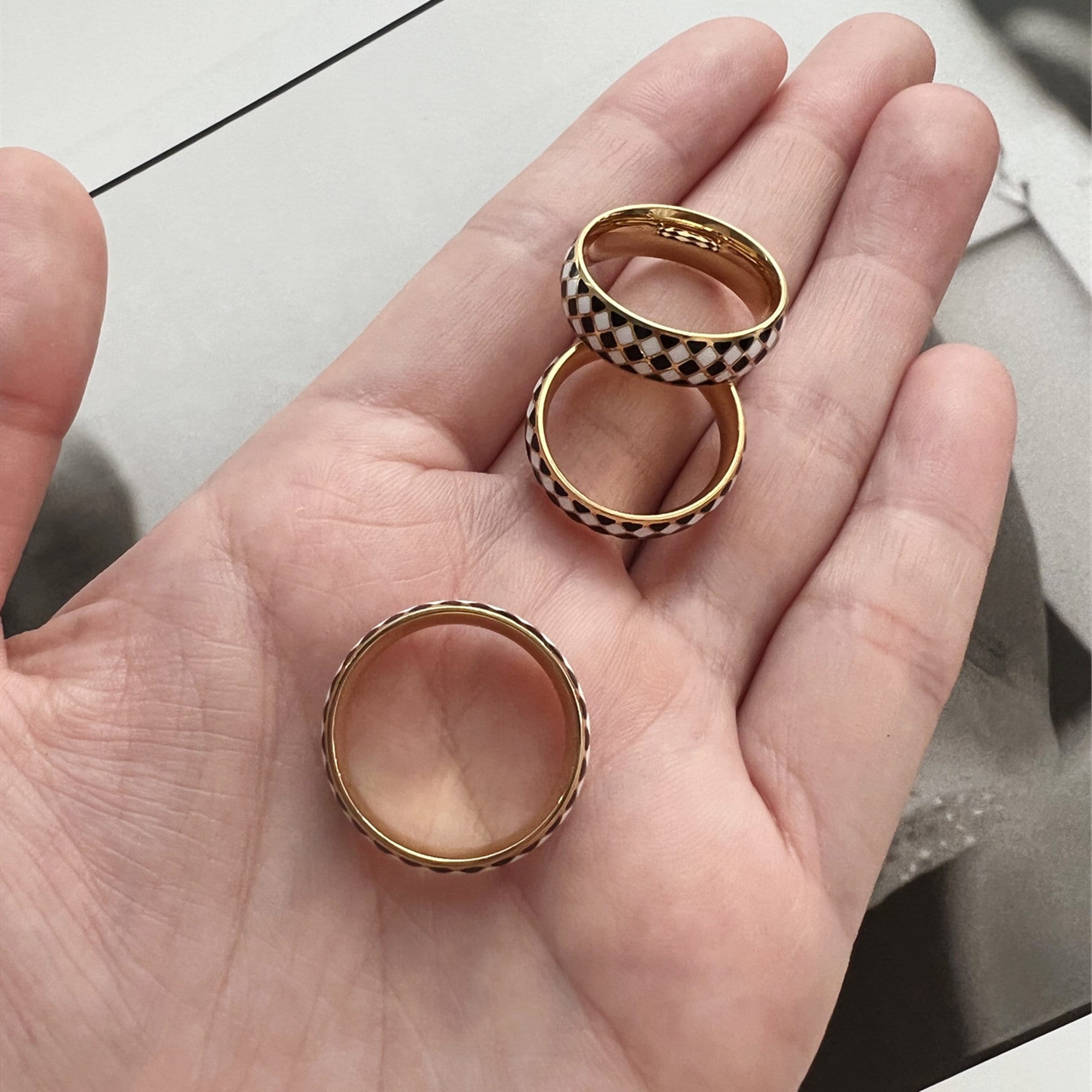 Gold Plated Chunky Black and Whit Checkered Ring Dome Ring, Chucky Checked Stacking Band Ring, Gift for her