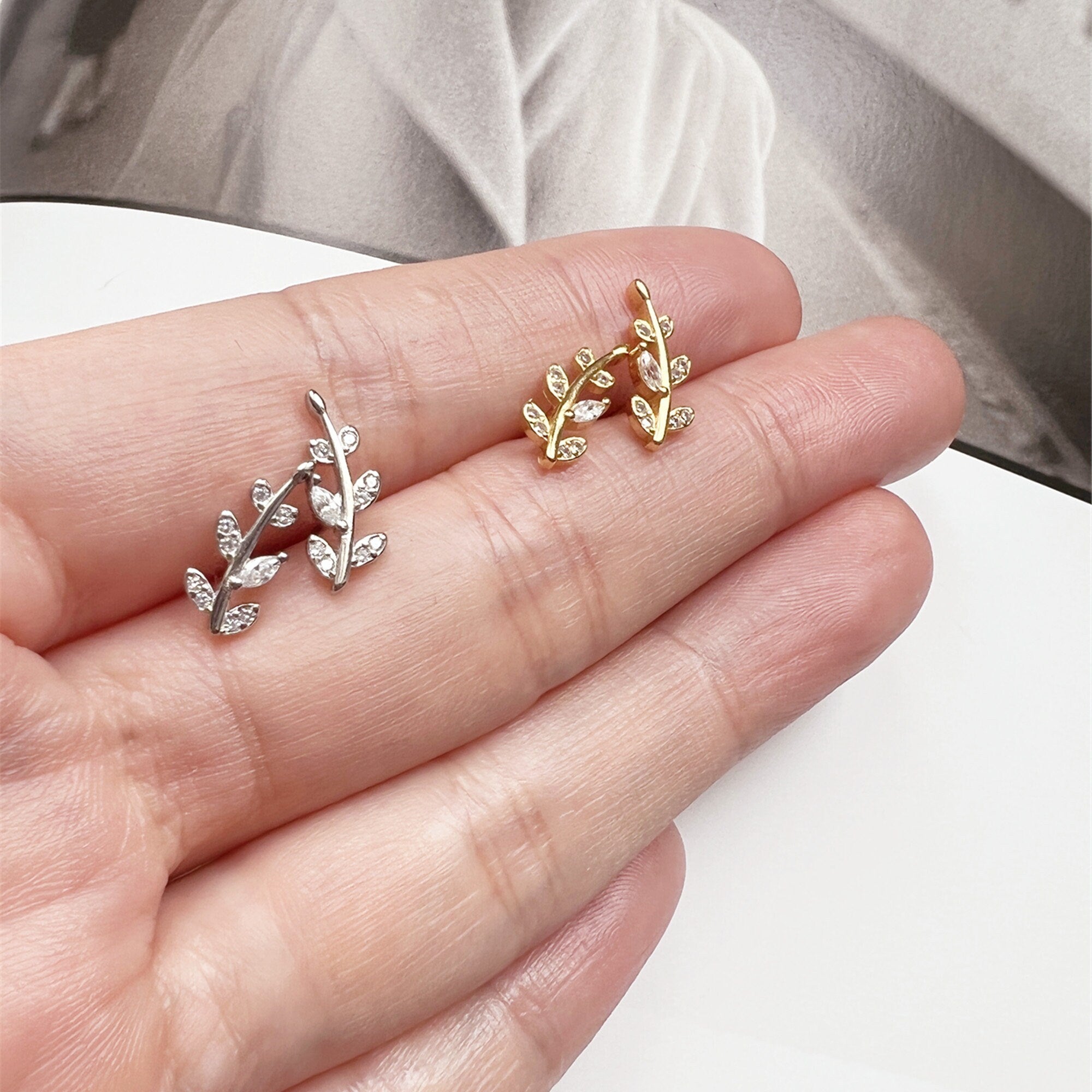 CZ Gold and Silver Leaf Studs Earrings, Minimalist Leaf Earrings, Birthday Gift for friends