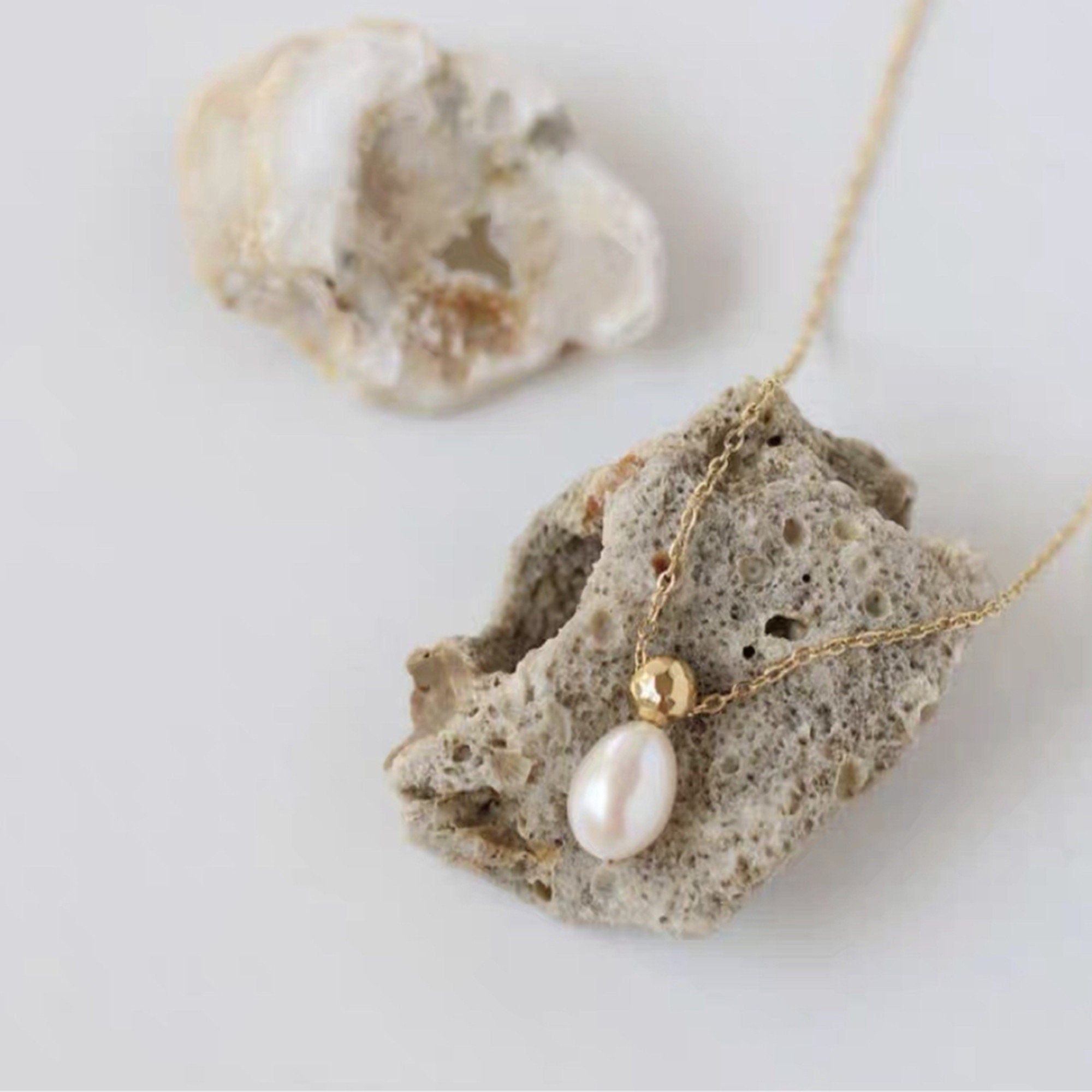 Dainty White Oval Freshwater Pearl and Gold Ball Choker Necklace