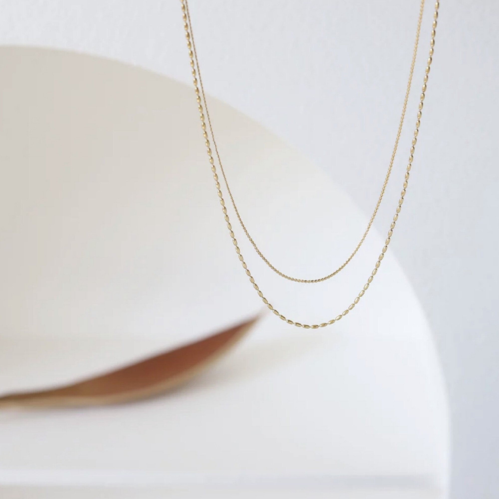 Gold Double Strands Ball Chain and Thin Choker Necklaces, Gold Chain choker Layering Necklace Set
