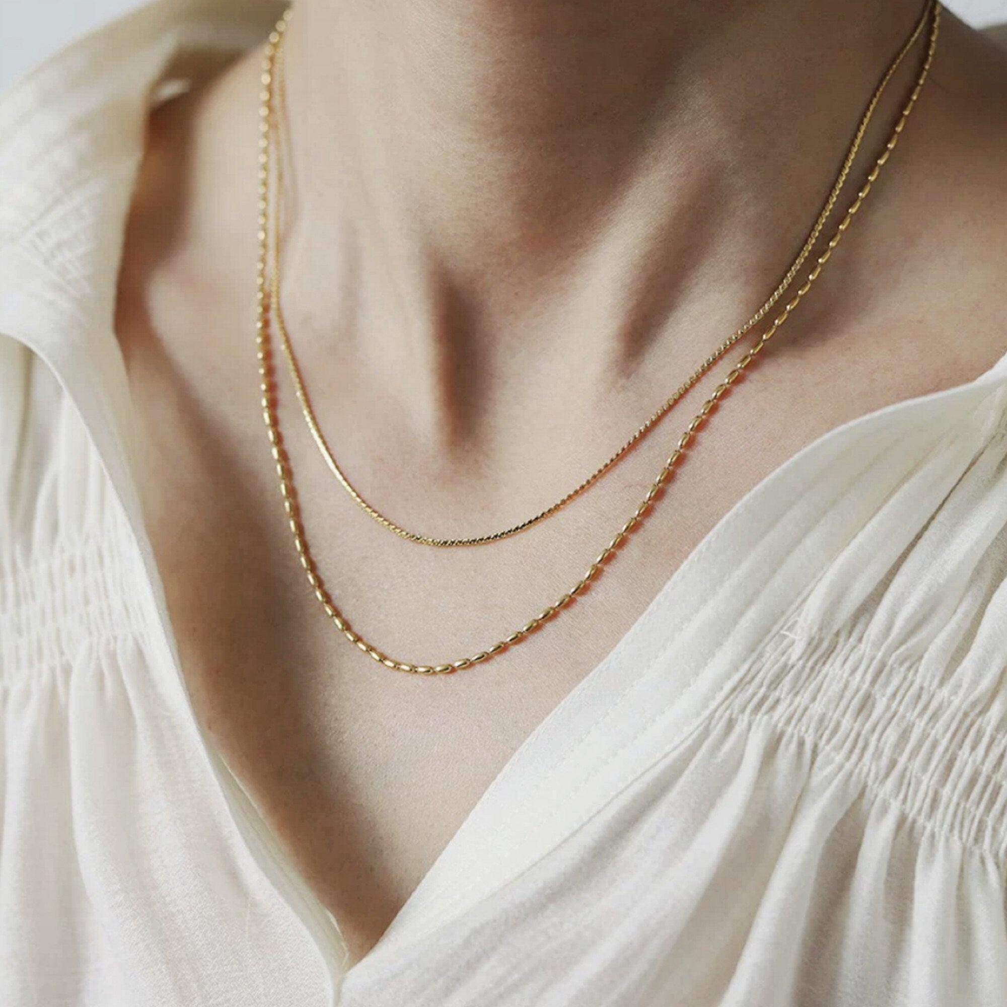 Gold Double Strands Ball Chain and Thin Choker Necklaces, Gold Chain choker Layering Necklace Set