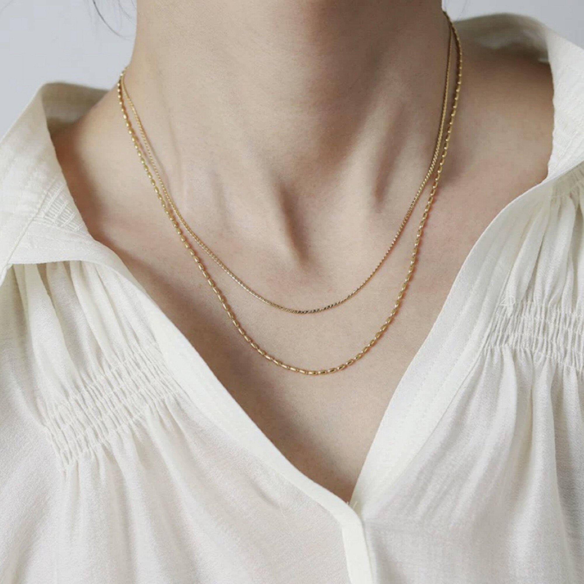 Gold Double Strands Ball Chain and Thin Choker Necklaces, Gold Chain choker Layering Necklace Set