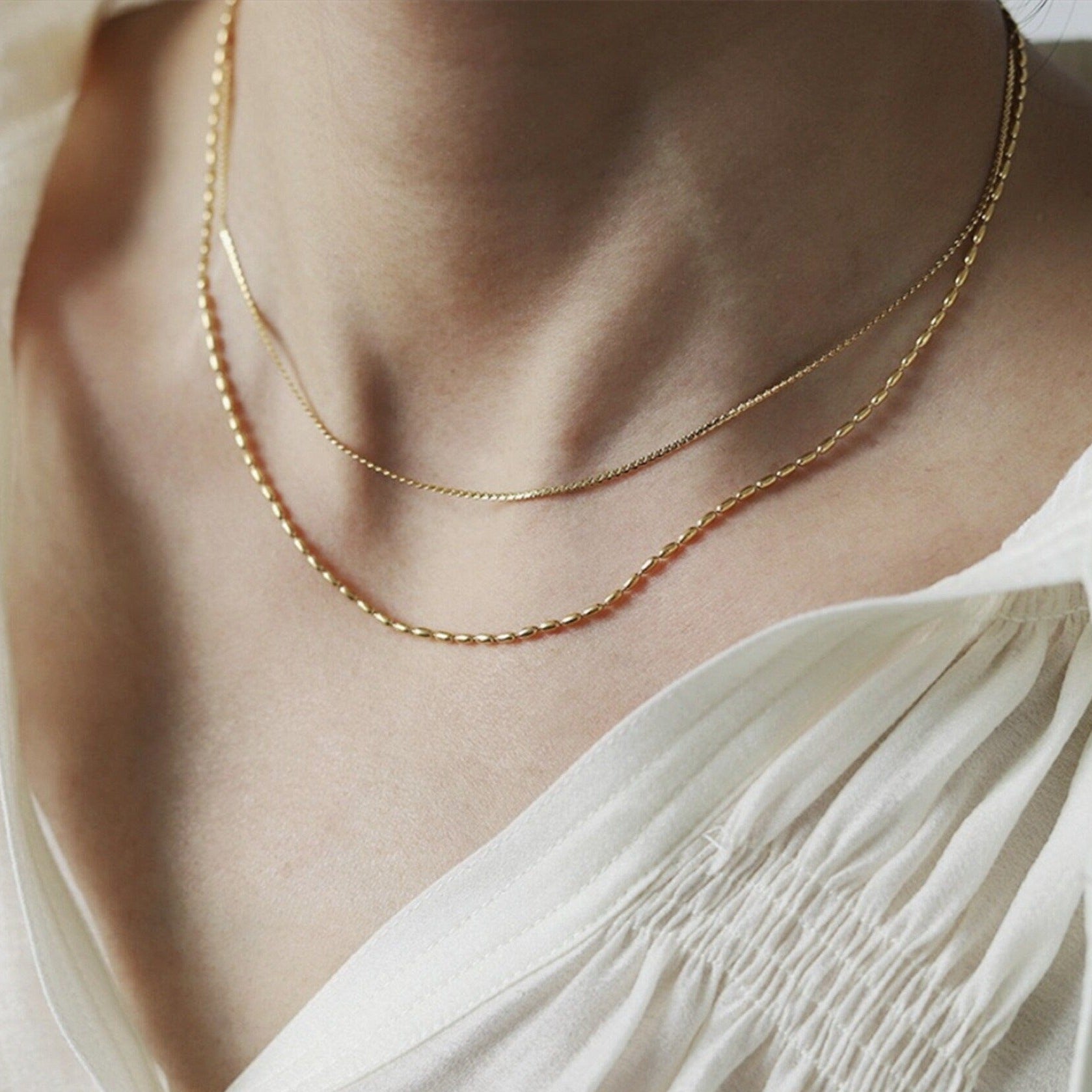 Gold Double Strands Ball Chain and Thin Choker Necklaces, Gold Chain choker Layering Necklace Set