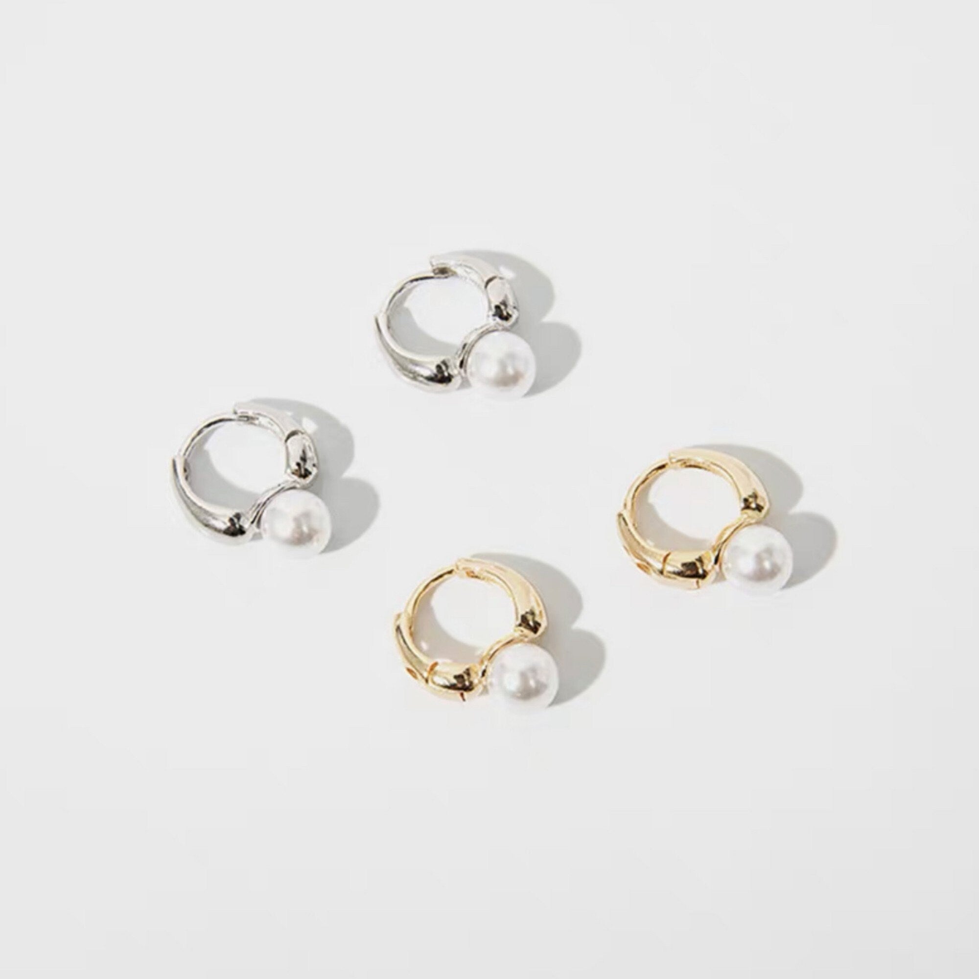 Rose Gold and Silver White Pearl Dangle Huggie Hoop Earrings