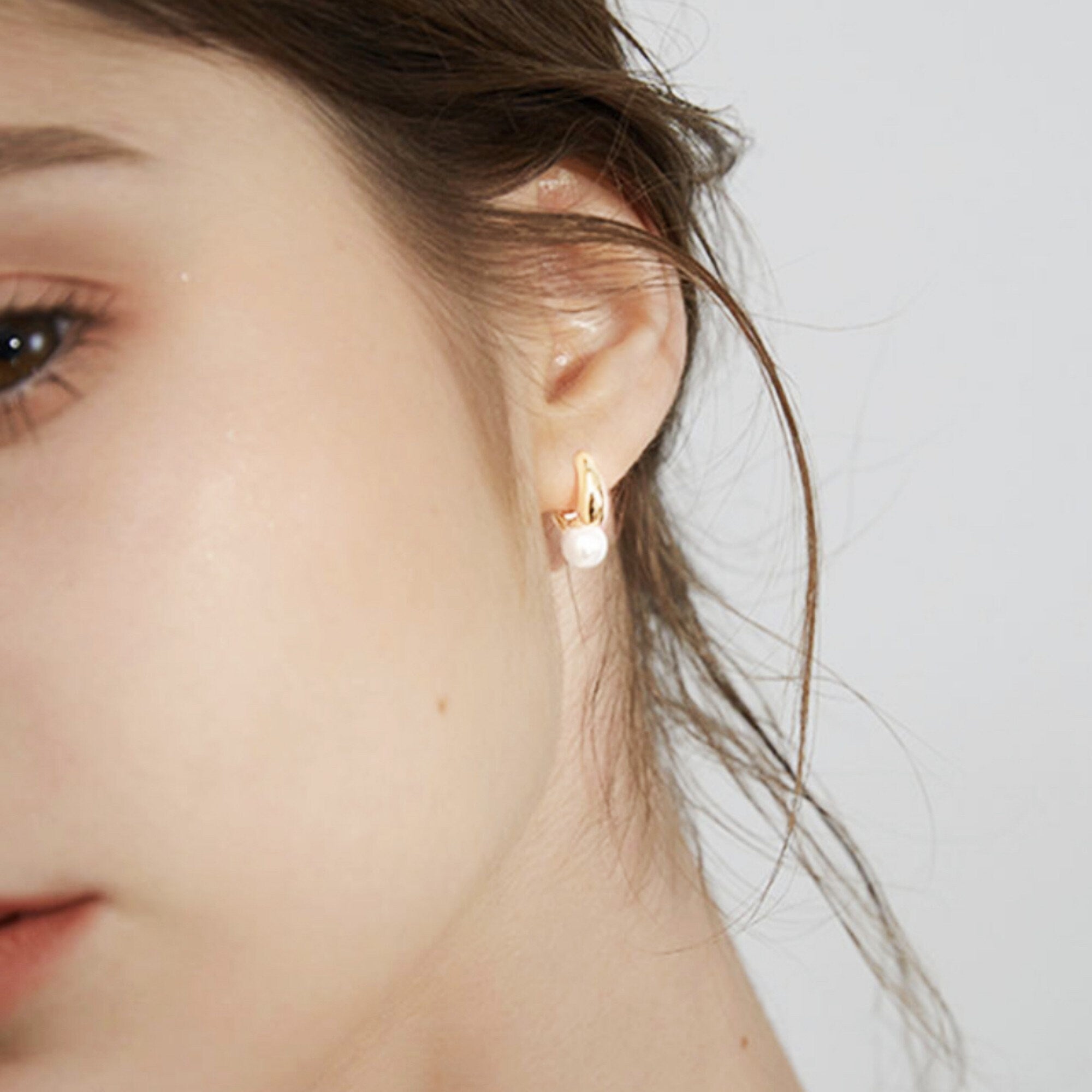 Rose Gold and Silver White Pearl Dangle Huggie Hoop Earrings