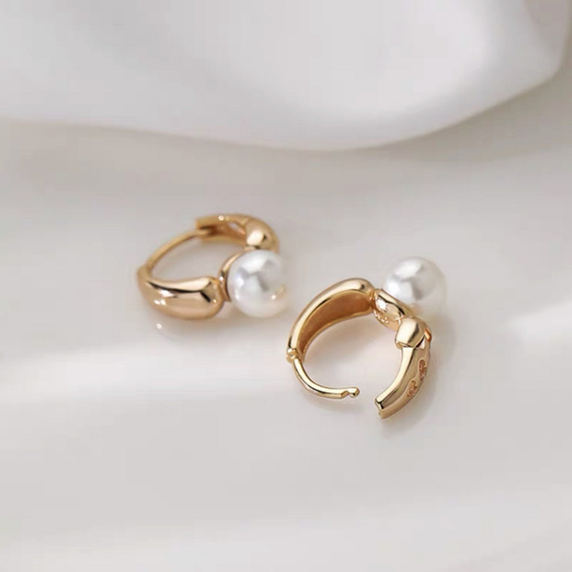 Rose Gold and Silver White Pearl Dangle Huggie Hoop Earrings