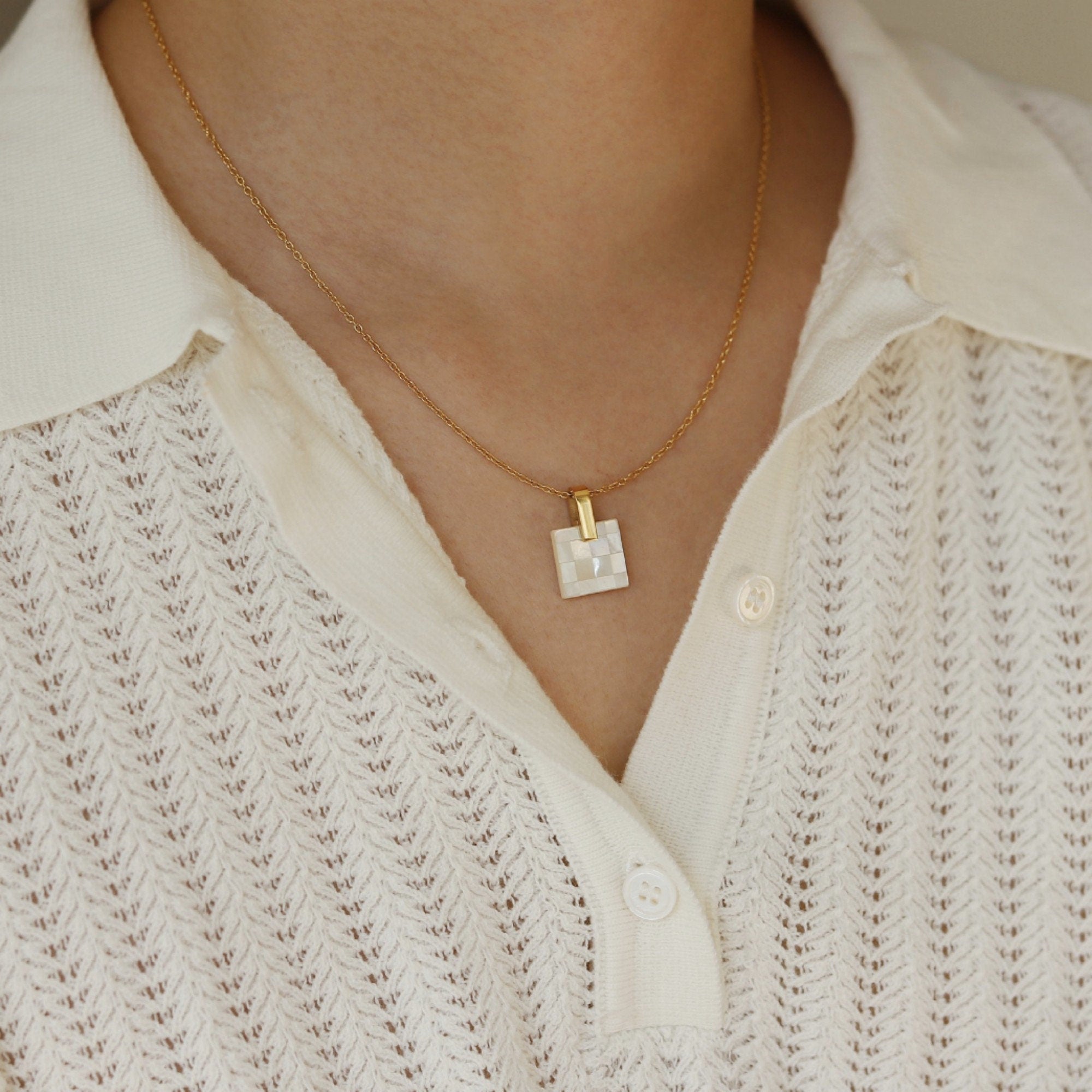 Dainty White Squared Mosaic Mother of Pearl Pendant Necklace