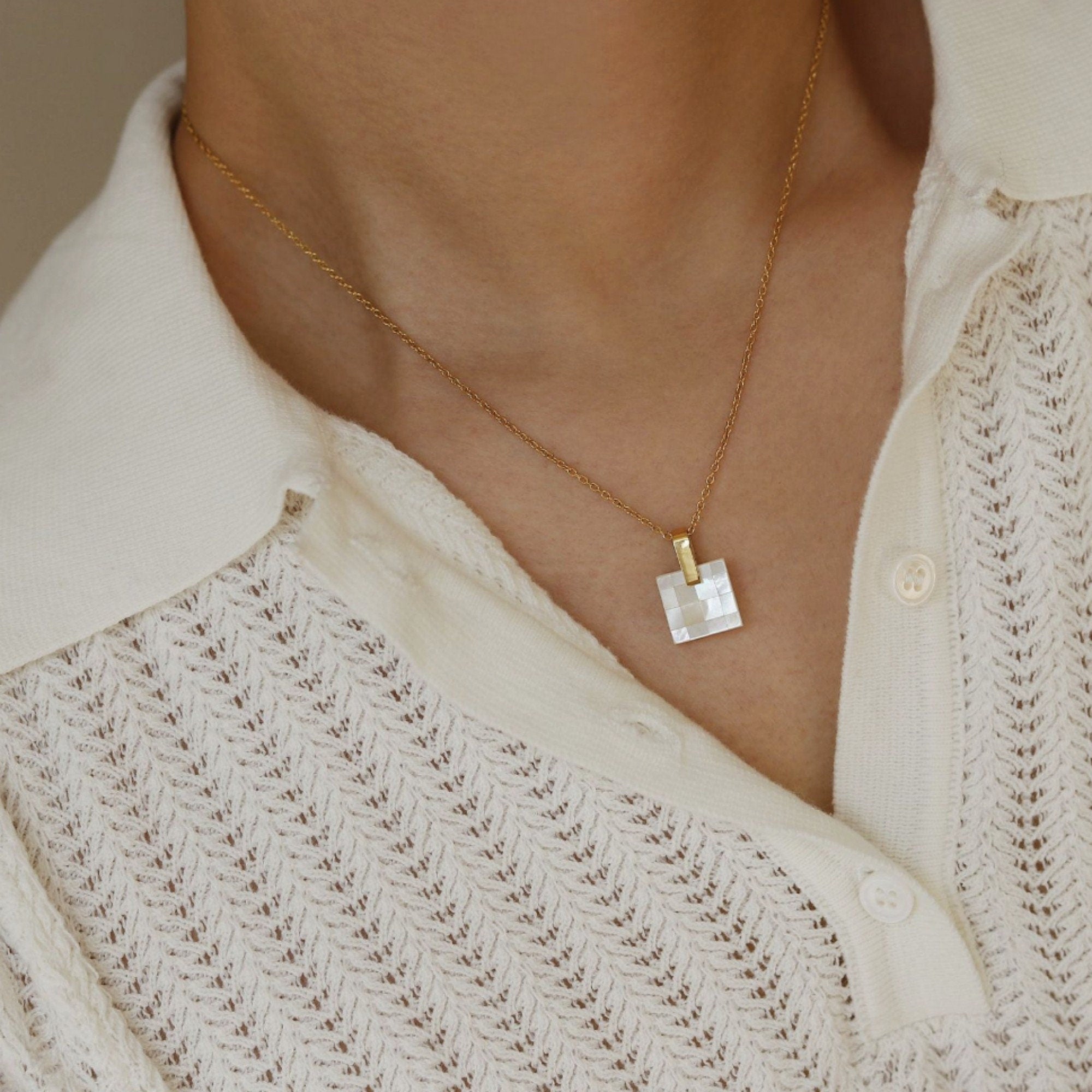 Dainty White Squared Mosaic Mother of Pearl Pendant Necklace