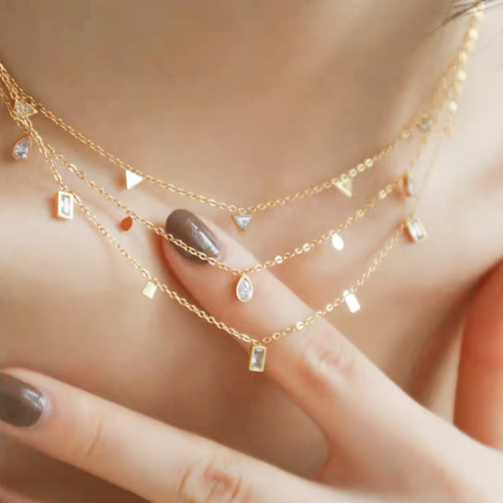 Dainty Gold CZ Triangle, Square orTeardrop Charm Choker Necklace, Delicate Layering Necklace, Gift For Her