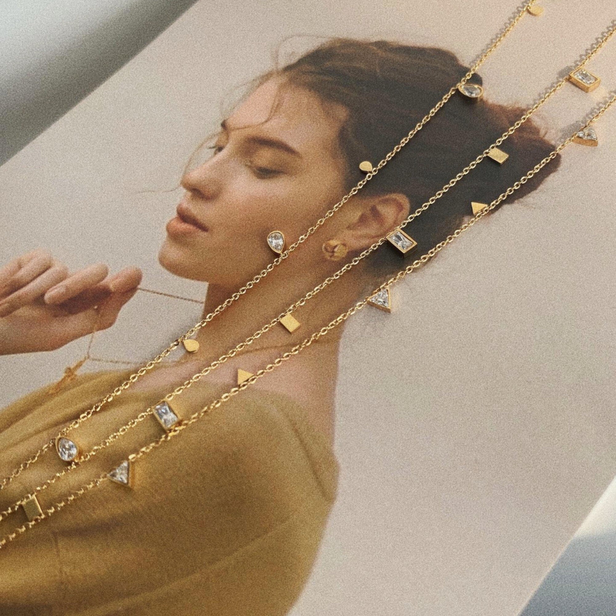 Dainty Gold CZ Triangle, Square orTeardrop Charm Choker Necklace, Delicate Layering Necklace, Gift For Her