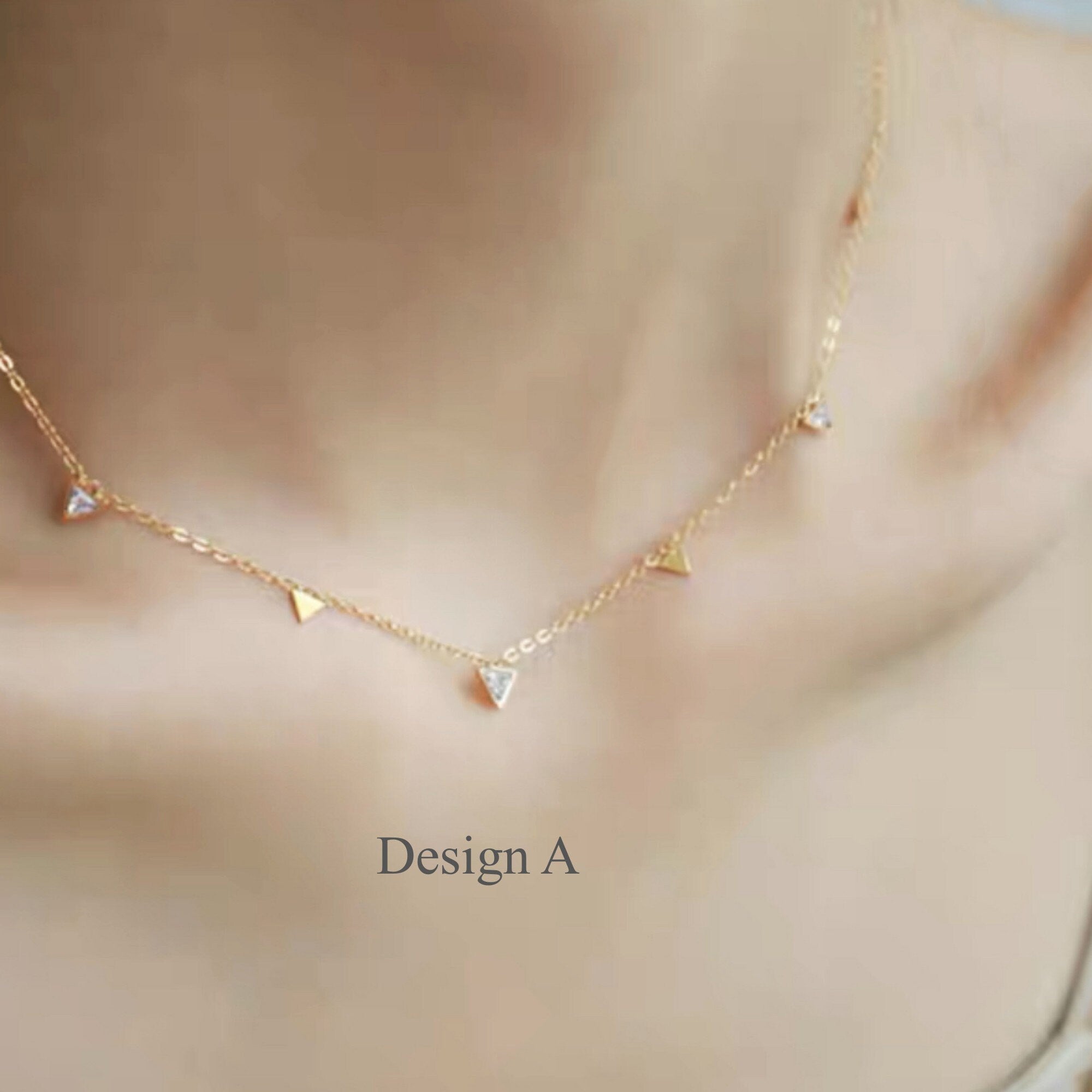 Dainty Gold CZ Triangle, Square orTeardrop Charm Choker Necklace, Delicate Layering Necklace, Gift For Her