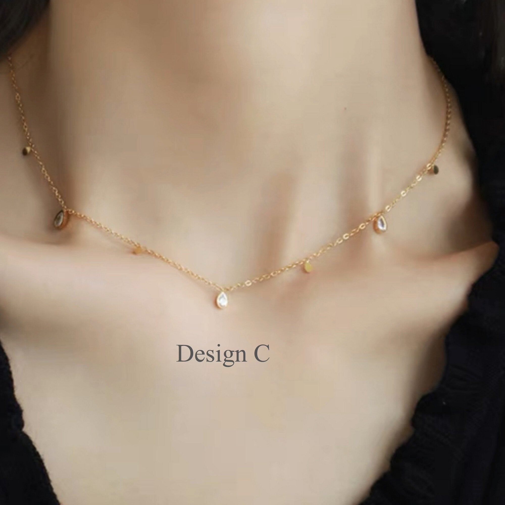 Dainty Gold CZ Triangle, Square orTeardrop Charm Choker Necklace, Delicate Layering Necklace, Gift For Her