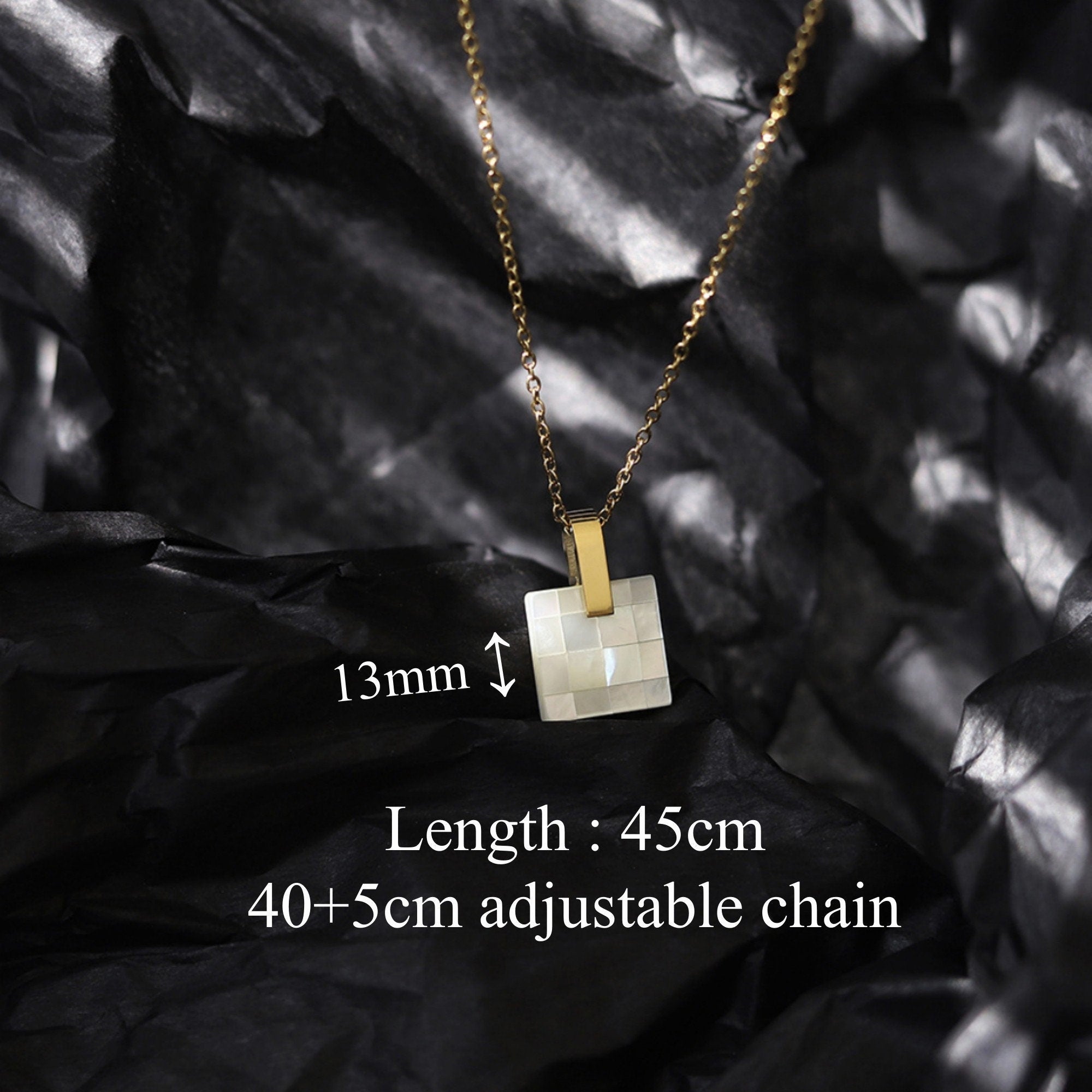 Dainty White Squared Mosaic Mother of Pearl Pendant Necklace