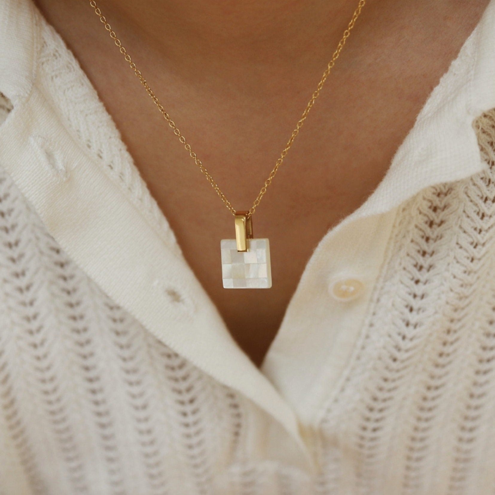 Dainty White Squared Mosaic Mother of Pearl Pendant Necklace