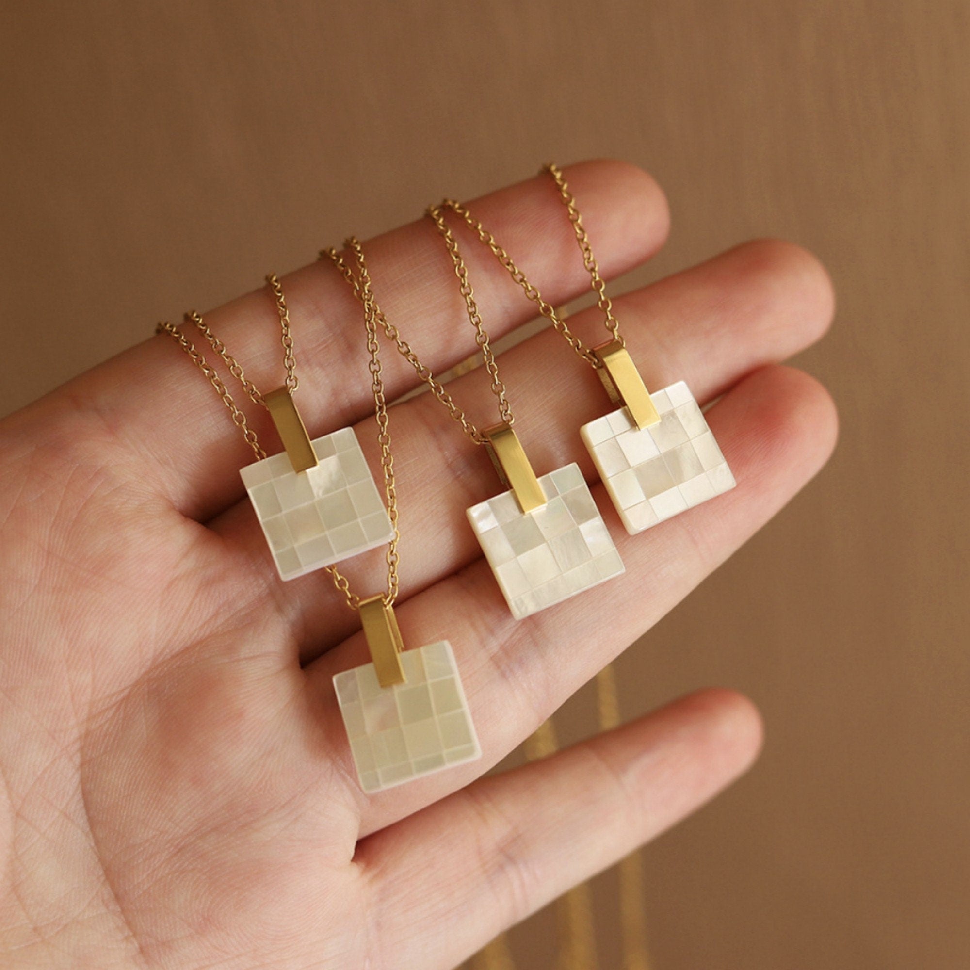 Dainty White Squared Mosaic Mother of Pearl Pendant Necklace