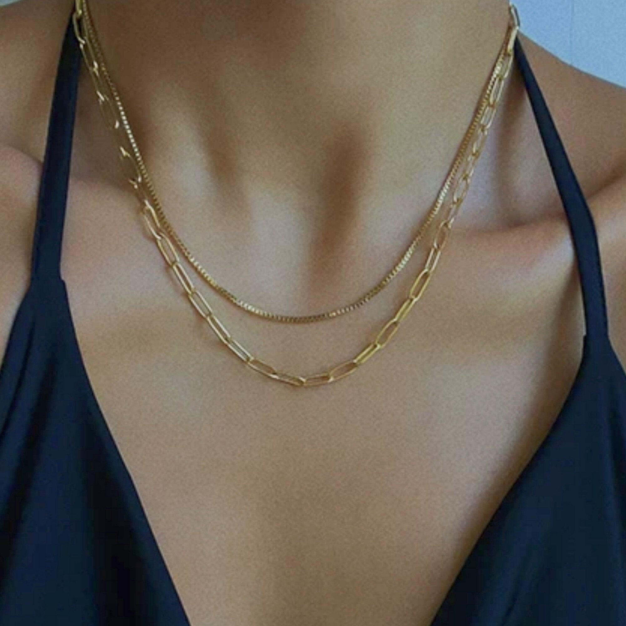 Gold OR Silver Double Strands Bold and Thin Box Chain Choker Necklaces, Gold or Silver Chain choker Layering Necklace Set