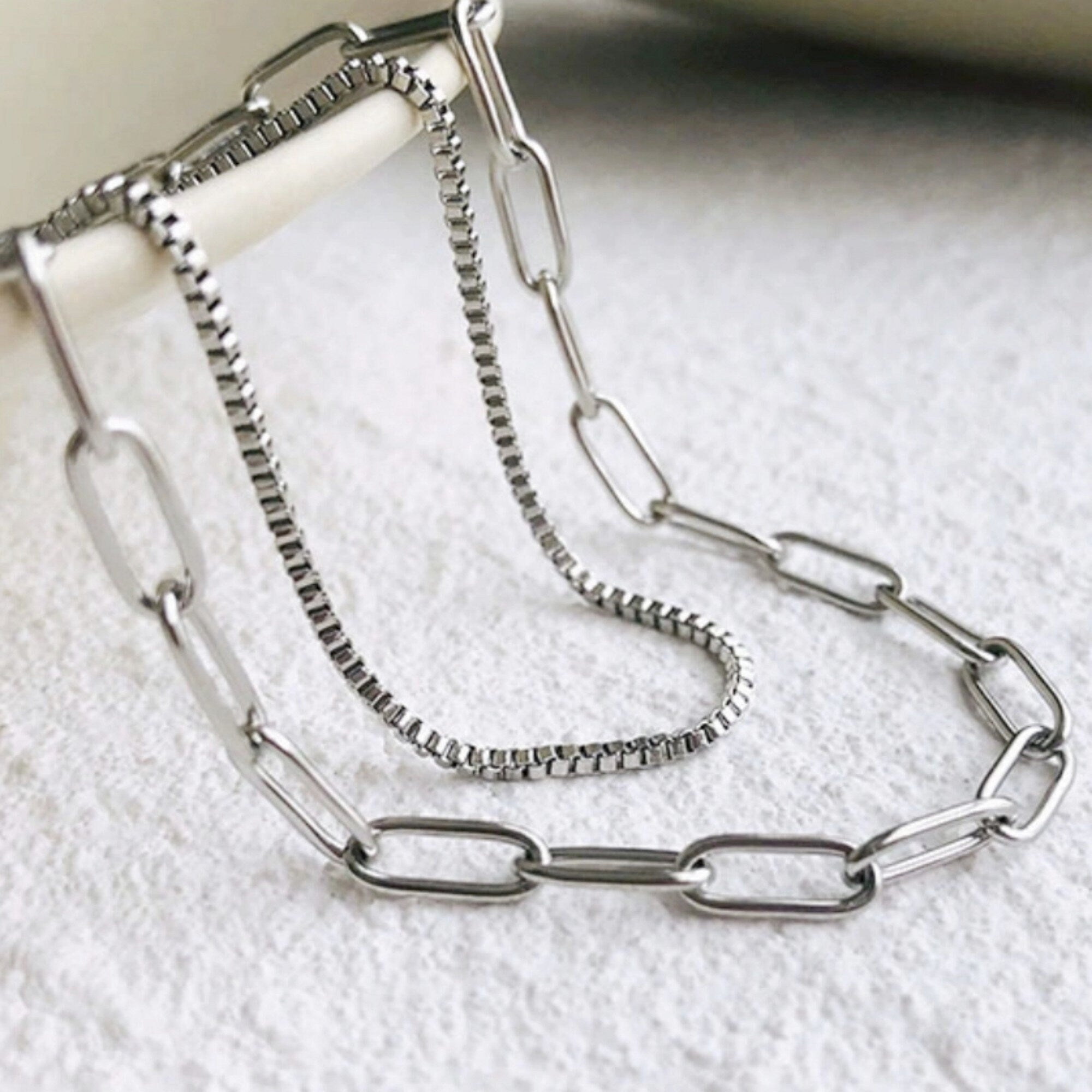 Gold OR Silver Double Strands Bold and Thin Box Chain Choker Necklaces, Gold or Silver Chain choker Layering Necklace Set