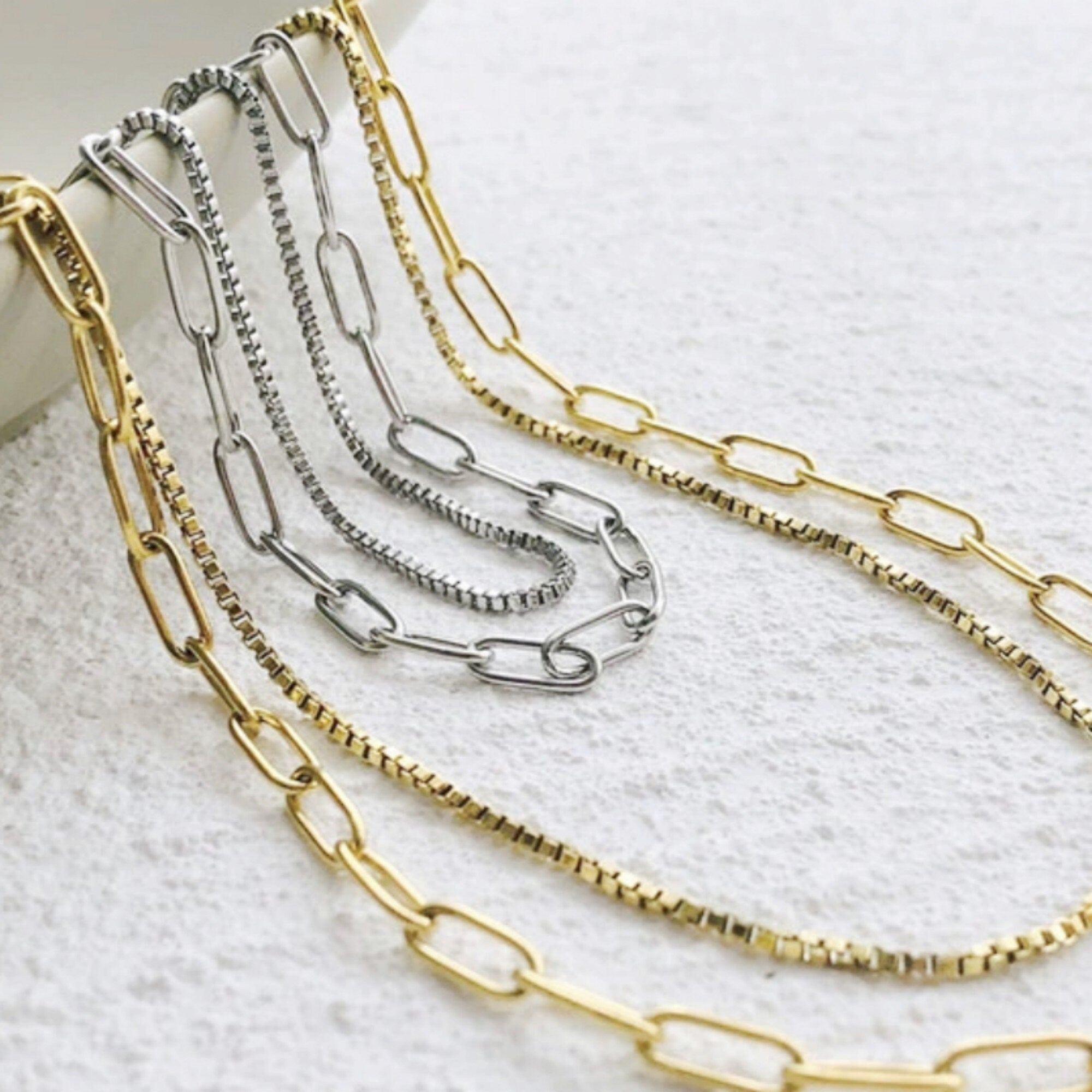 Gold OR Silver Double Strands Bold and Thin Box Chain Choker Necklaces, Gold or Silver Chain choker Layering Necklace Set