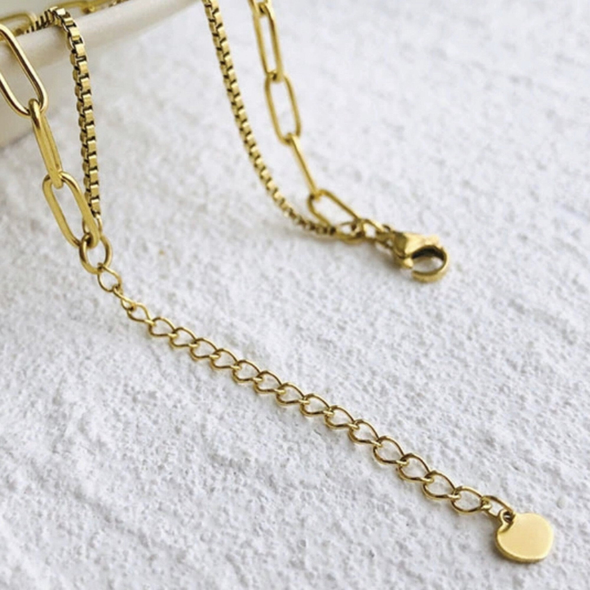 Gold OR Silver Double Strands Bold and Thin Box Chain Choker Necklaces, Gold or Silver Chain choker Layering Necklace Set