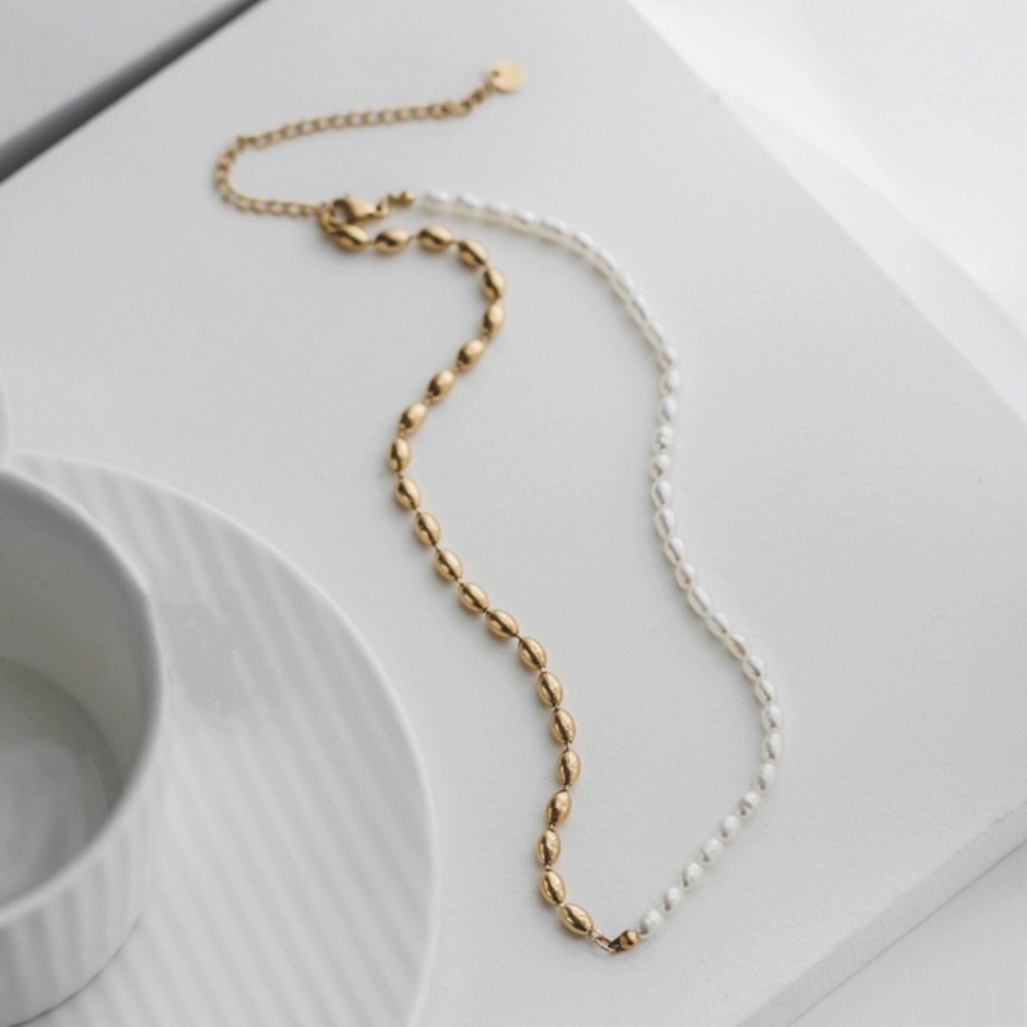 Dainty Half White Oval Pearl Half Gold Pearl Necklace