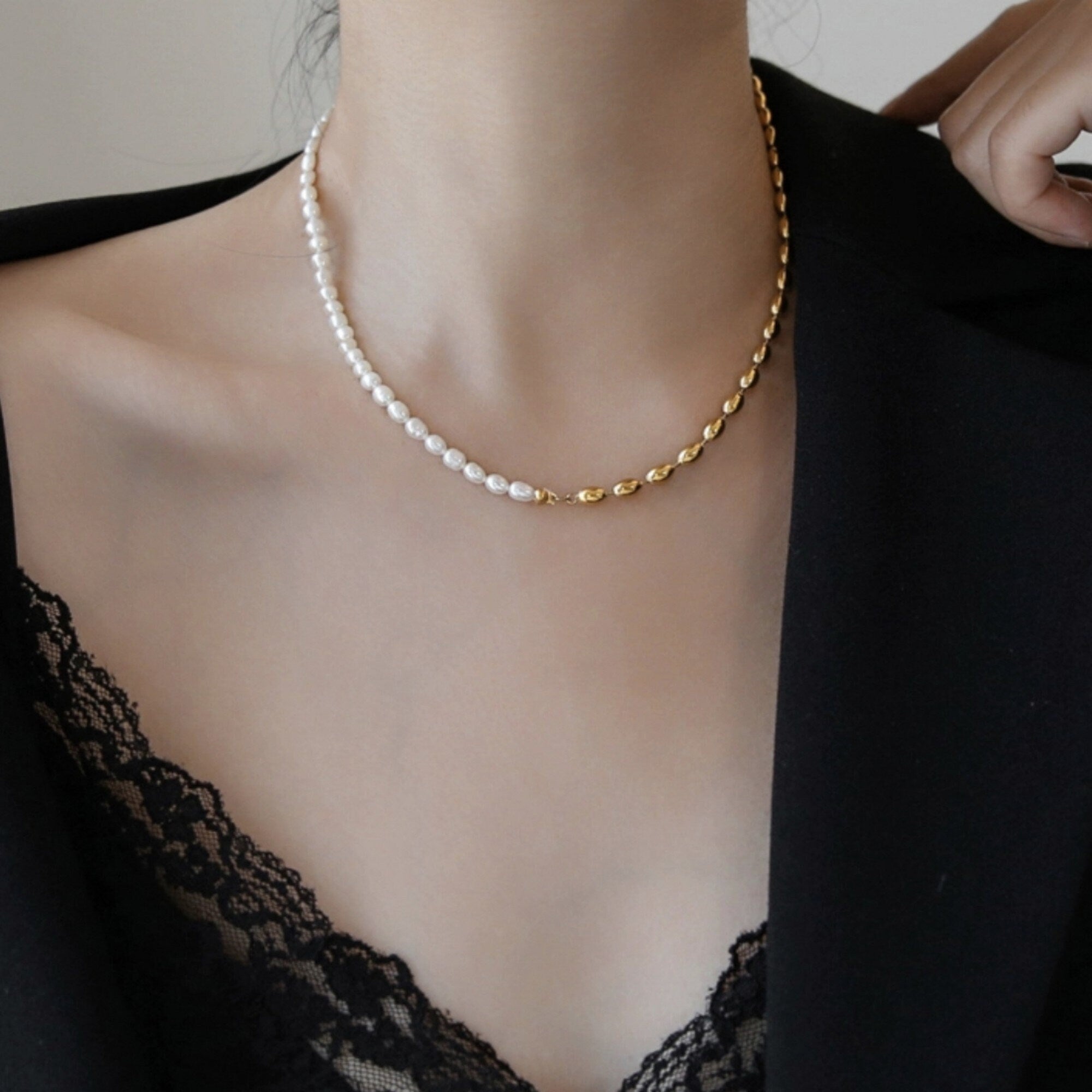 Dainty Half White Oval Pearl Half Gold Pearl Necklace