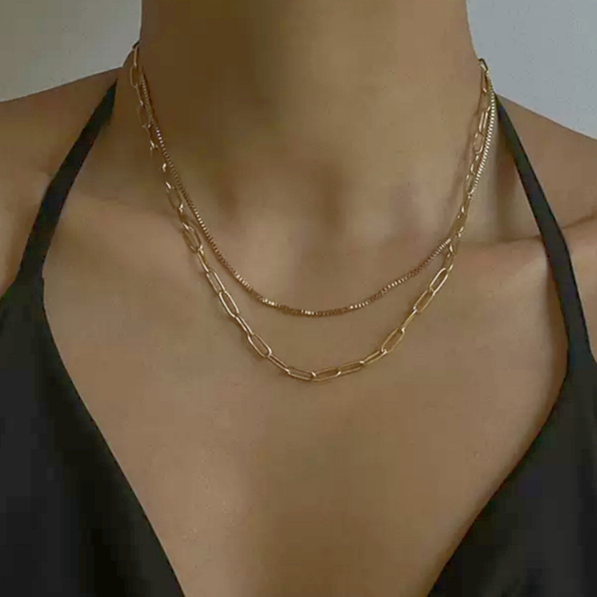 Gold OR Silver Double Strands Bold and Thin Box Chain Choker Necklaces, Gold or Silver Chain choker Layering Necklace Set