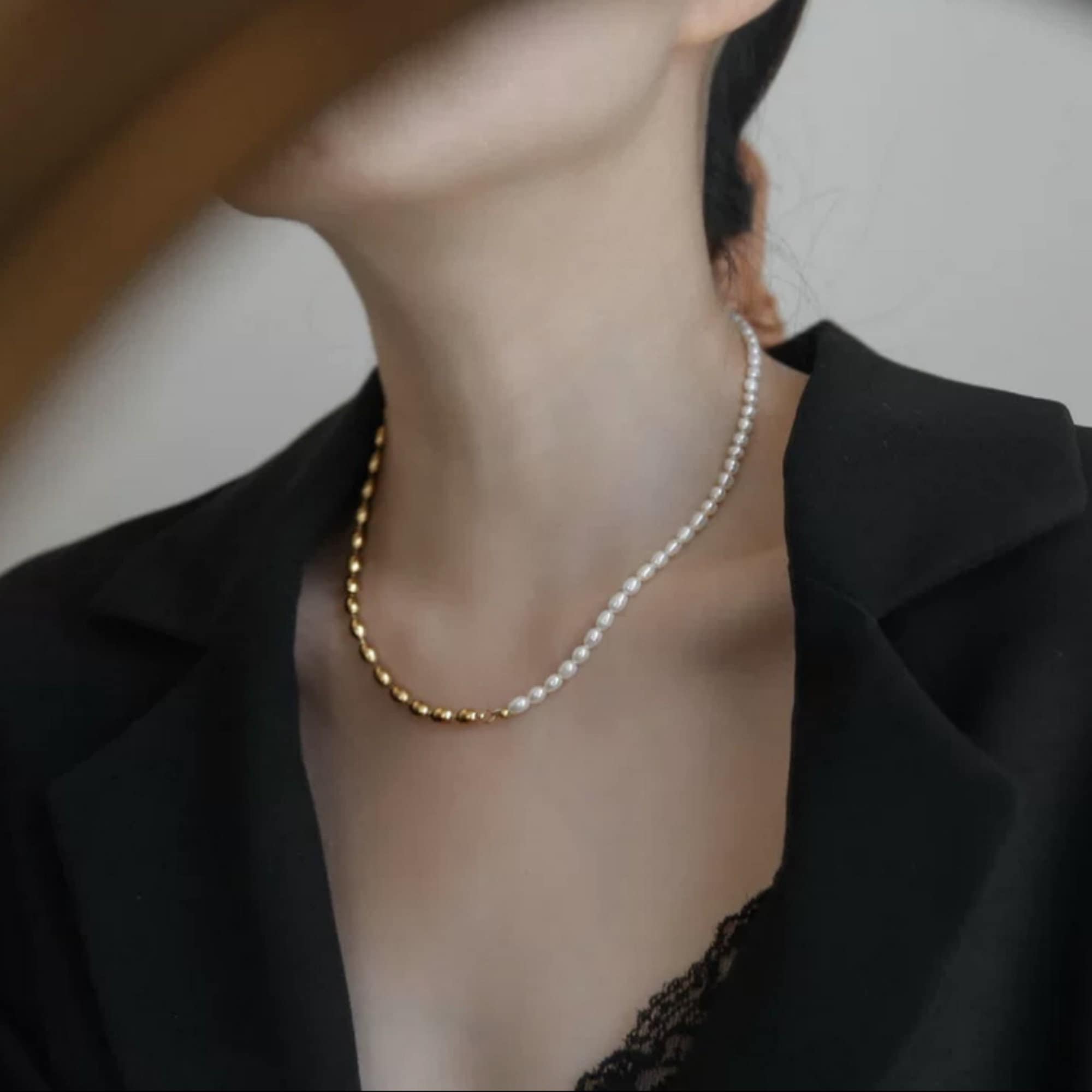 Dainty Half White Oval Pearl Half Gold Pearl Necklace