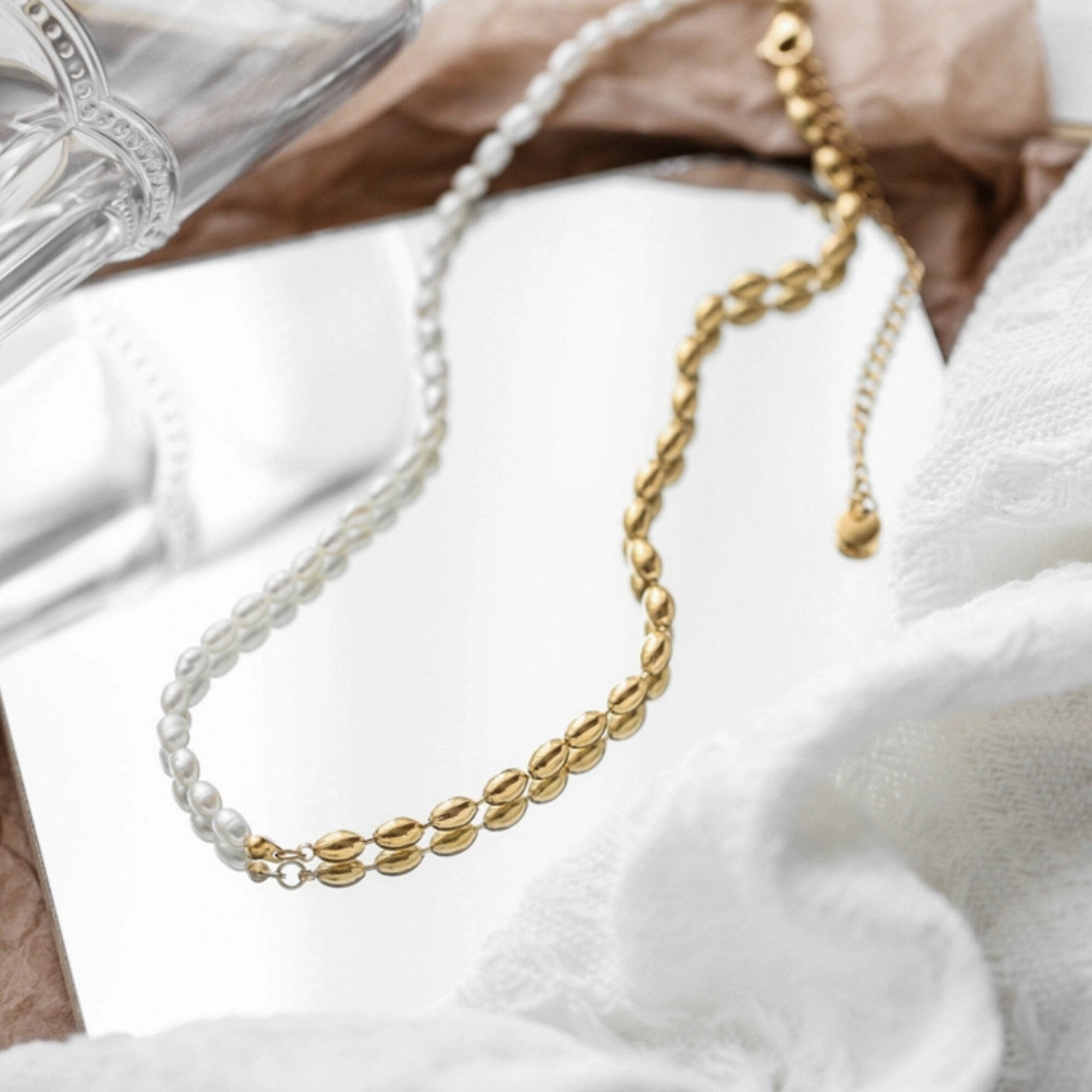 Dainty Half White Oval Pearl Half Gold Pearl Necklace