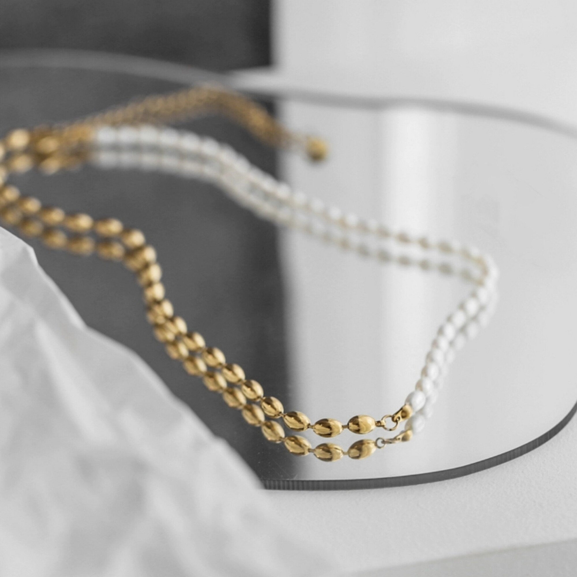 Dainty Half White Oval Pearl Half Gold Pearl Necklace