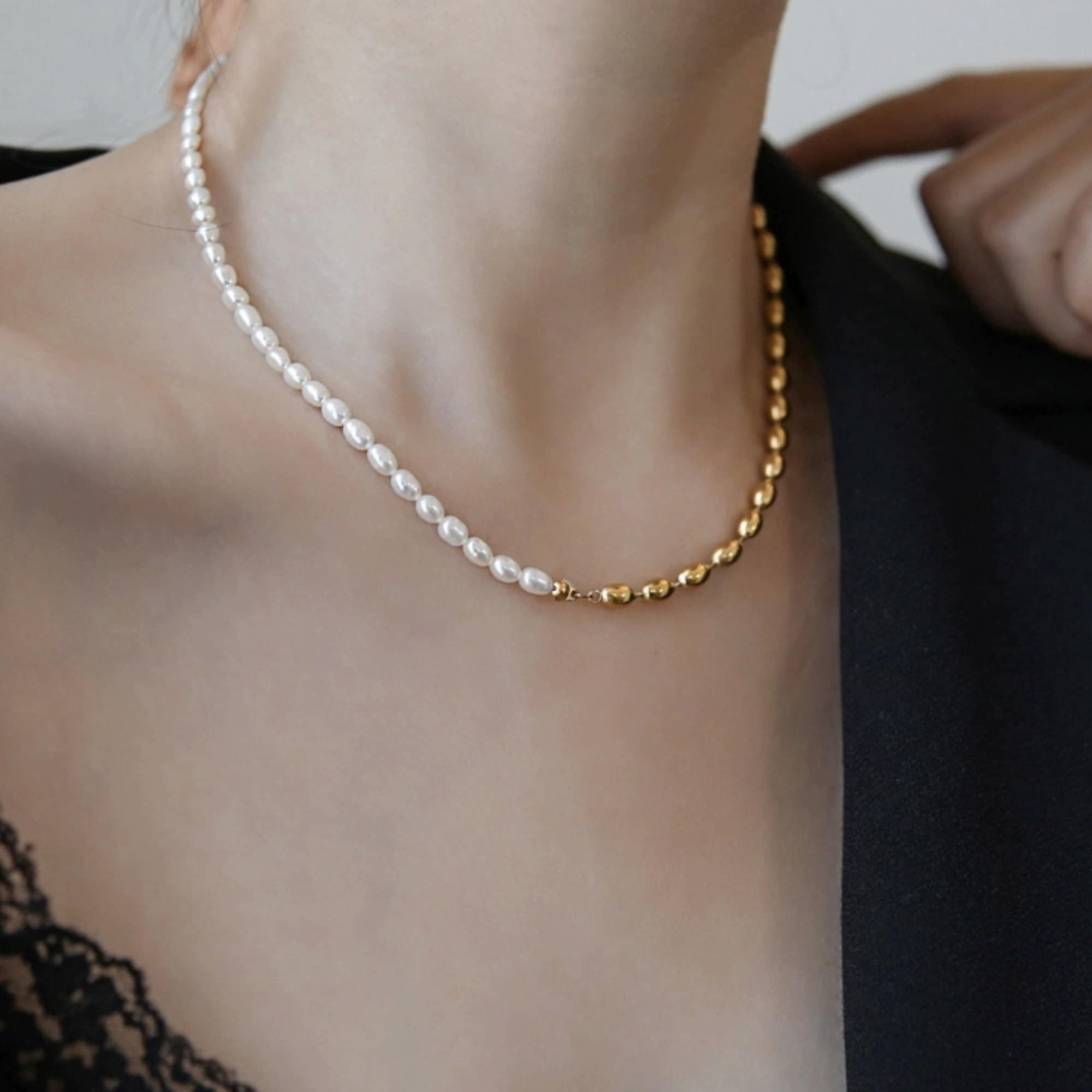 Dainty Half White Oval Pearl Half Gold Pearl Necklace