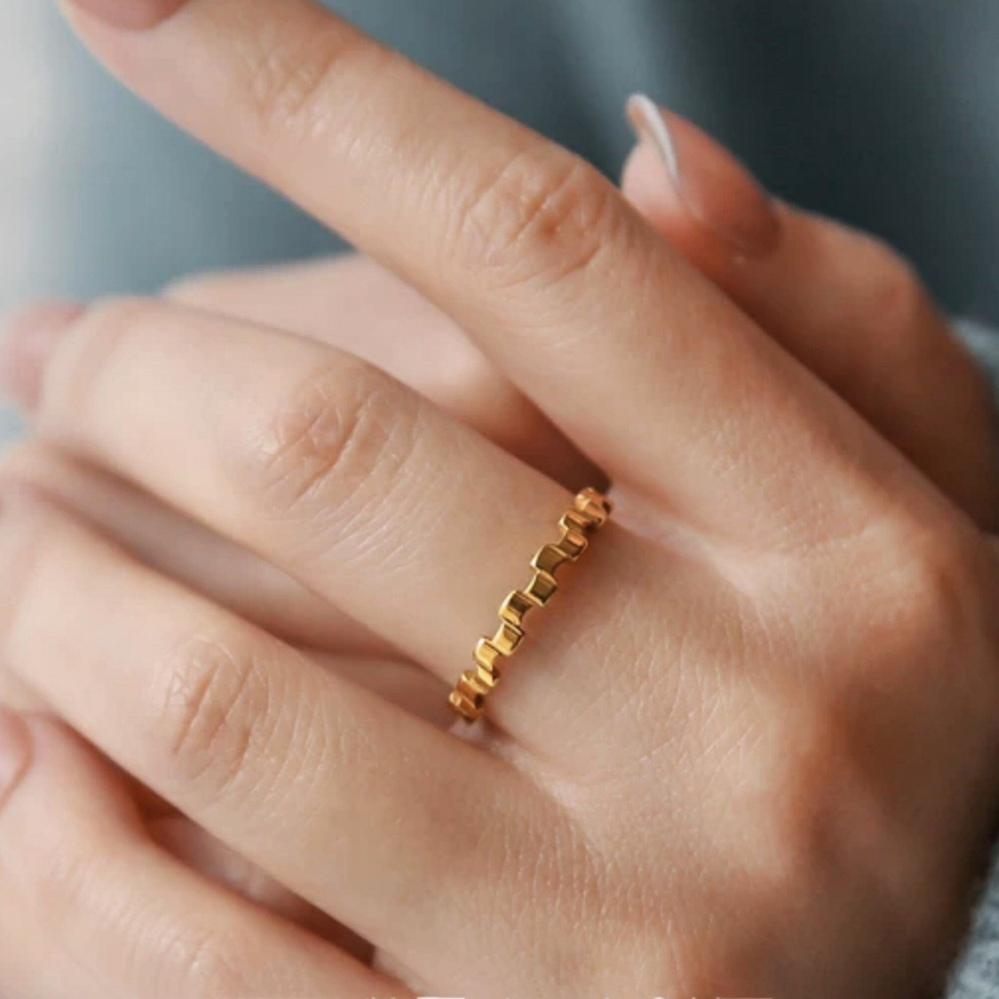 Gold Plated Piano Keys Ziczac Shaped Ring, Gold Statement Stacking Dome Ring