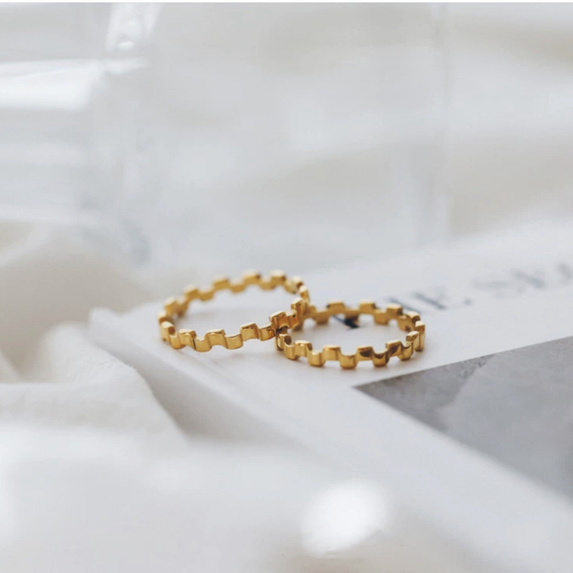 Gold Plated Piano Keys Ziczac Shaped Ring, Gold Statement Stacking Dome Ring