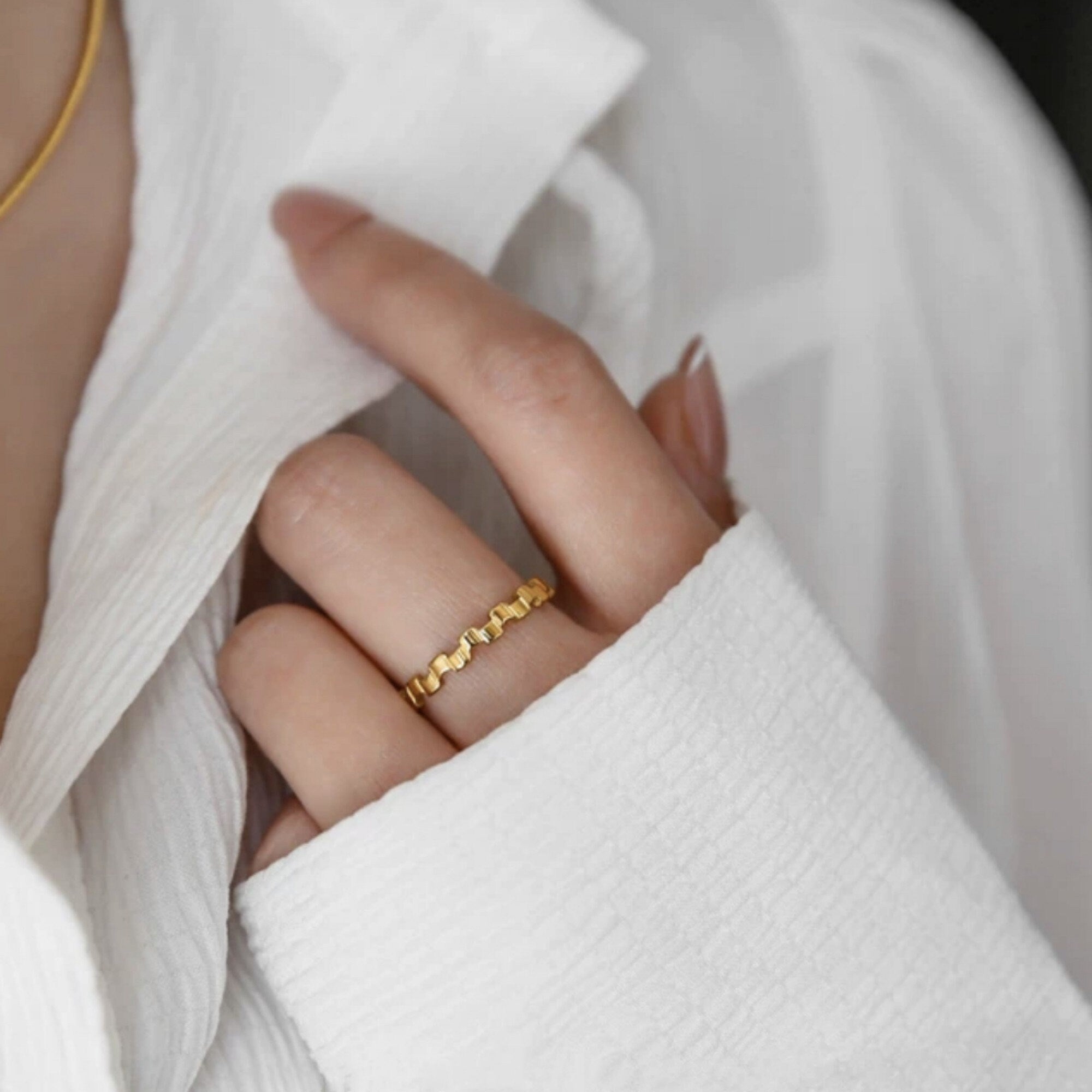 Gold Plated Piano Keys Ziczac Shaped Ring, Gold Statement Stacking Dome Ring