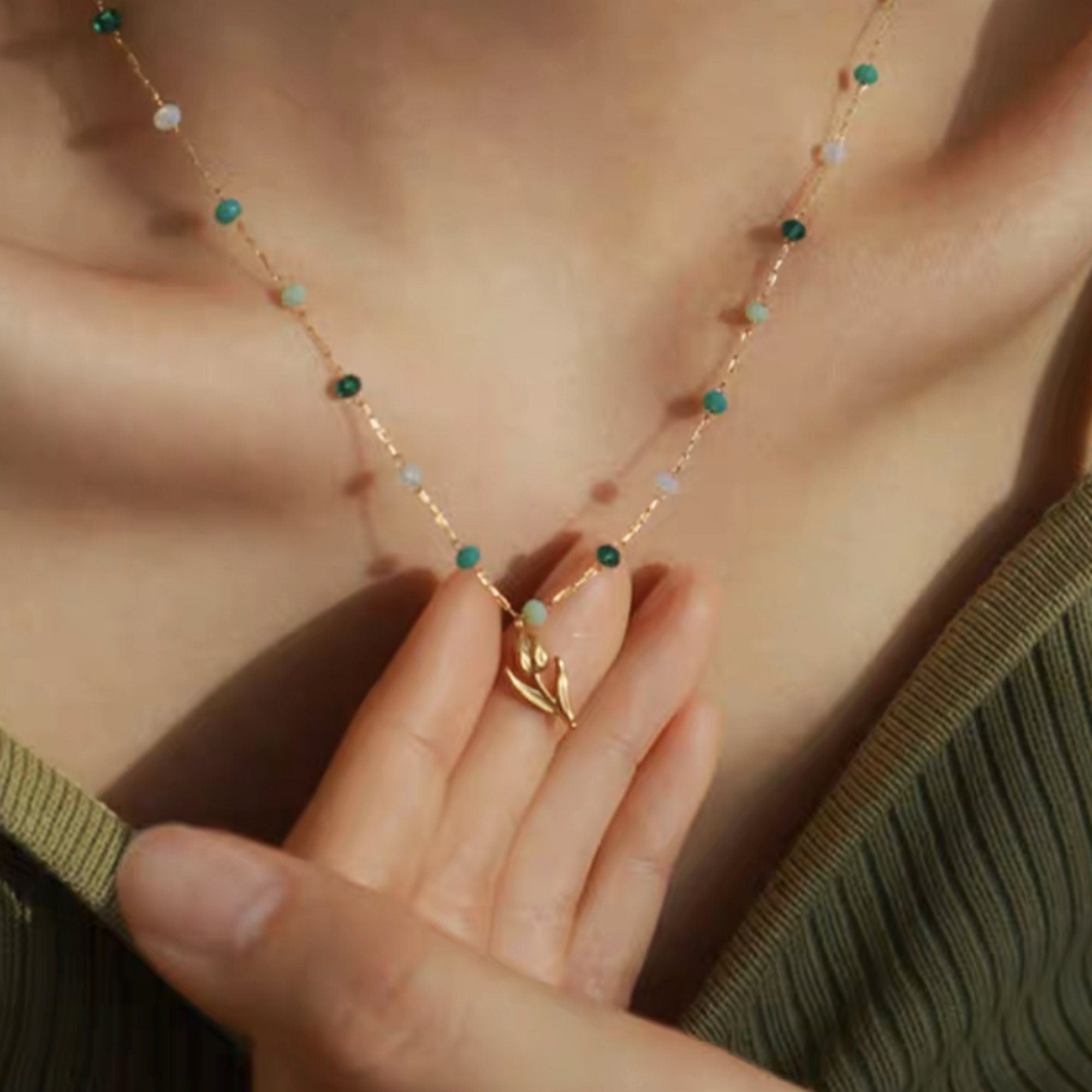Dainty Plated Gold Tiny Tulip Flower Pendant Necklace with Green Amazonite Beads Chain