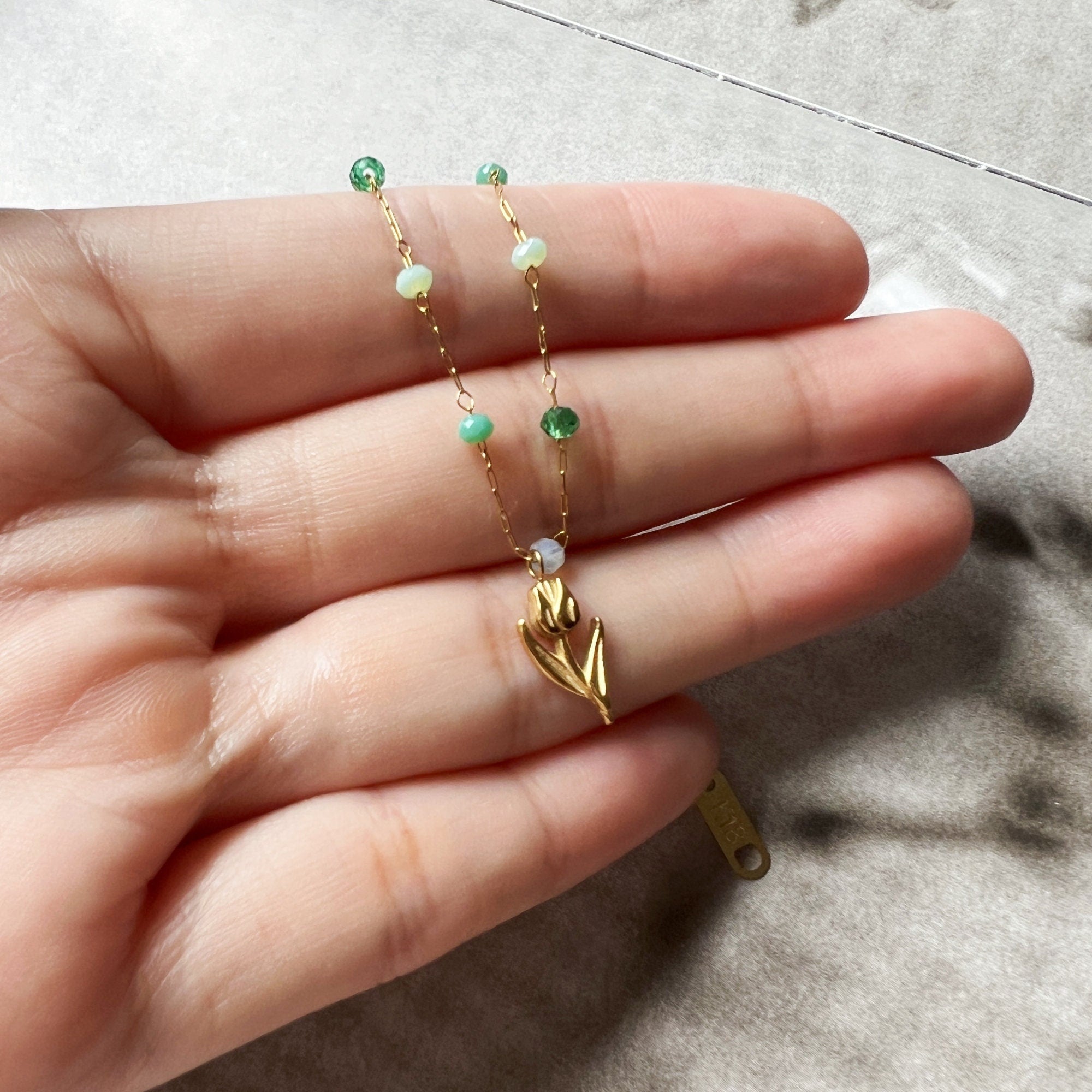 Dainty Plated Gold Tiny Tulip Flower Pendant Necklace with Green Amazonite Beads Chain