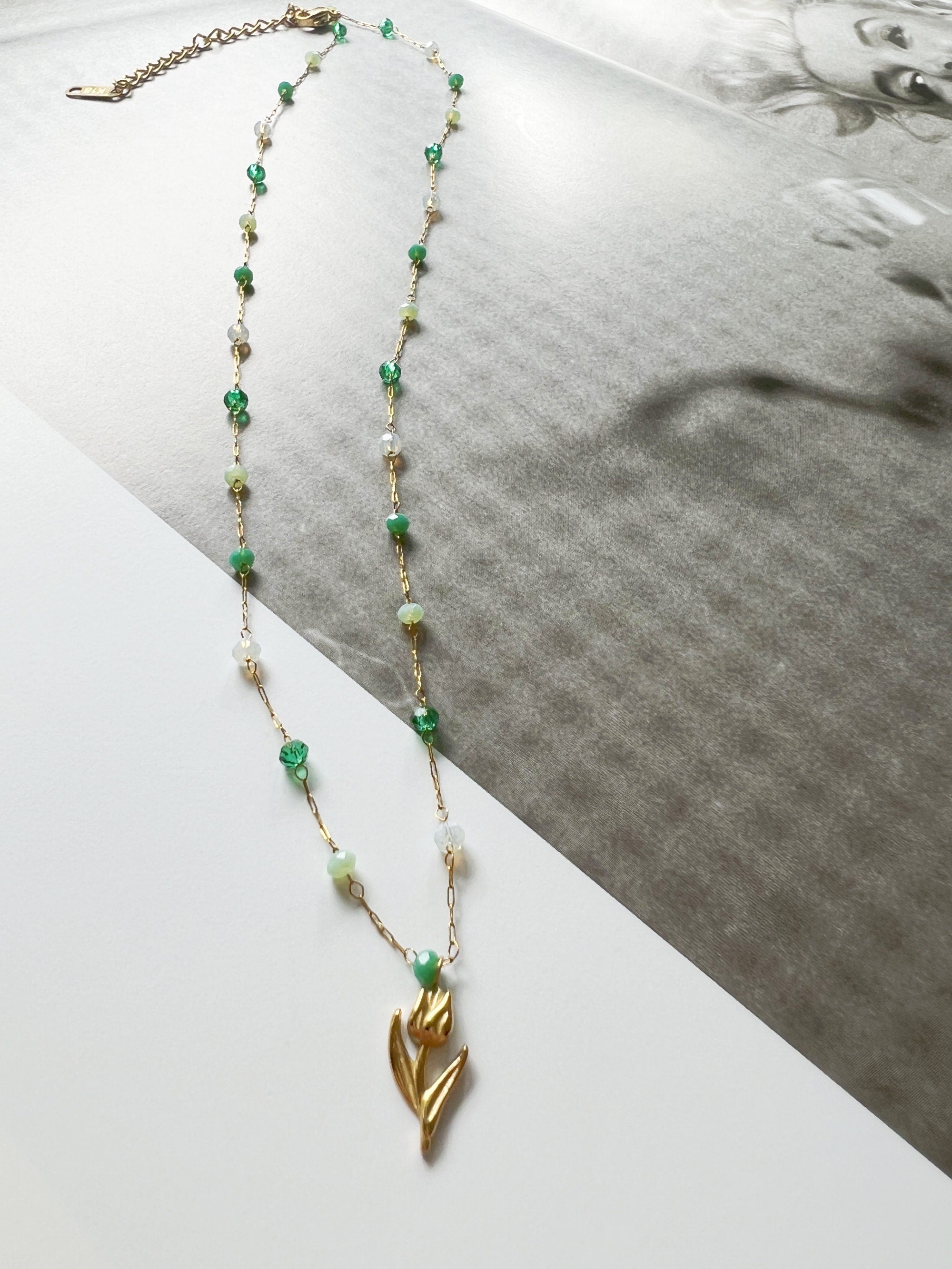 Dainty Plated Gold Tiny Tulip Flower Pendant Necklace with Green Amazonite Beads Chain