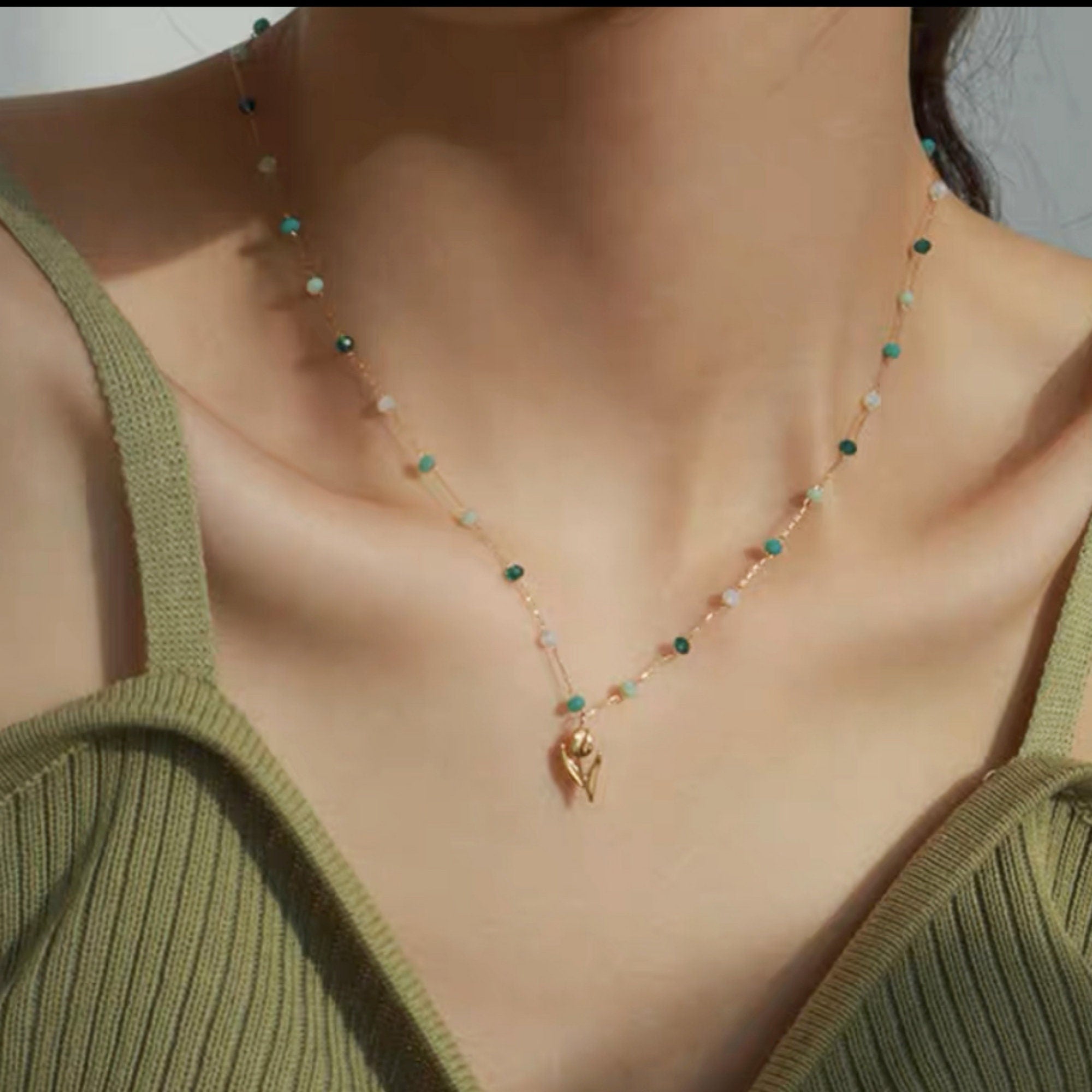Dainty Plated Gold Tiny Tulip Flower Pendant Necklace with Green Amazonite Beads Chain