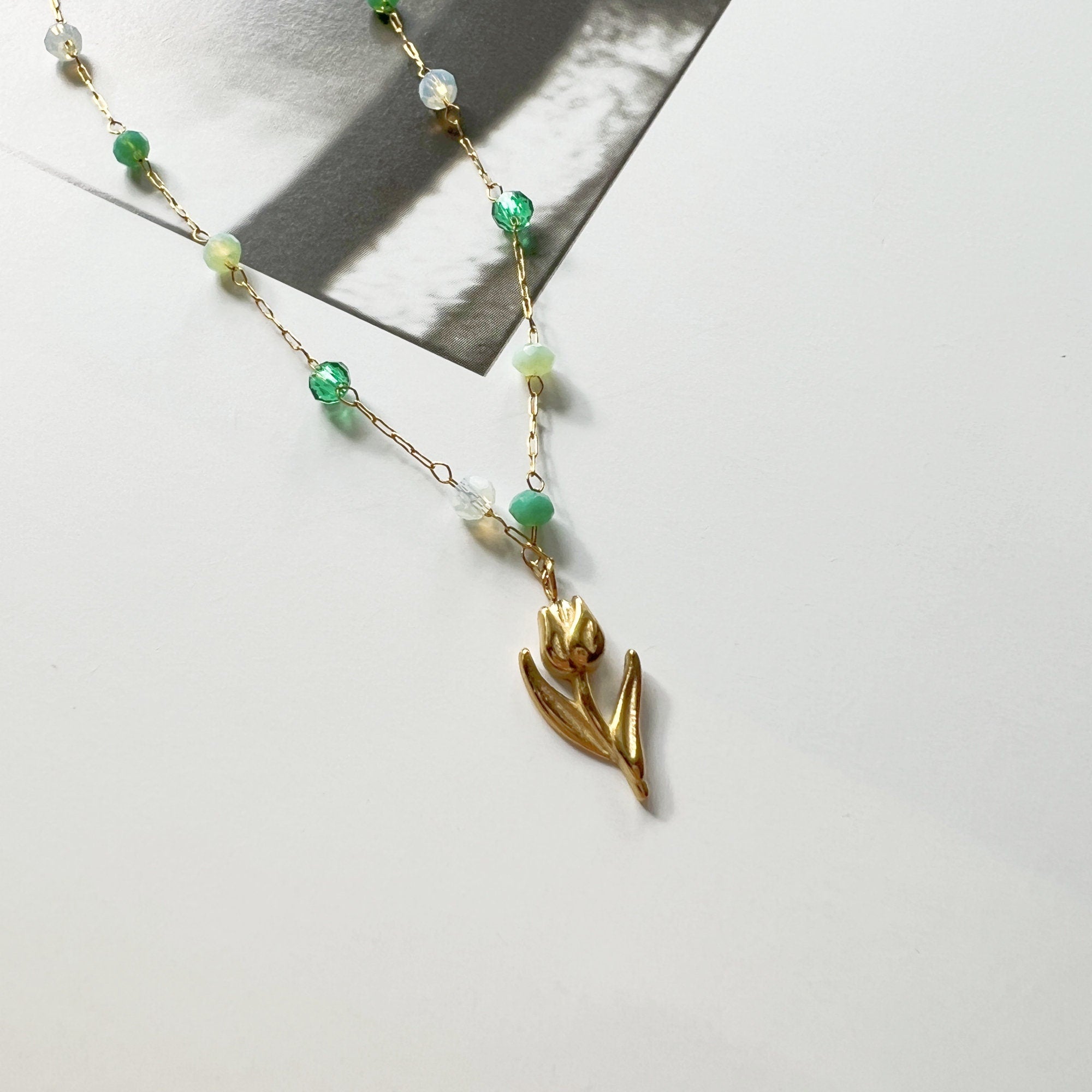 Dainty Plated Gold Tiny Tulip Flower Pendant Necklace with Green Amazonite Beads Chain