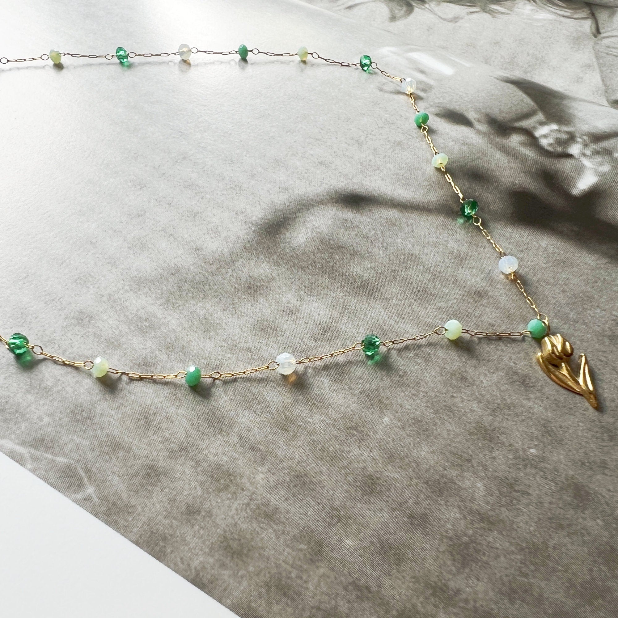 Dainty Plated Gold Tiny Tulip Flower Pendant Necklace with Green Amazonite Beads Chain