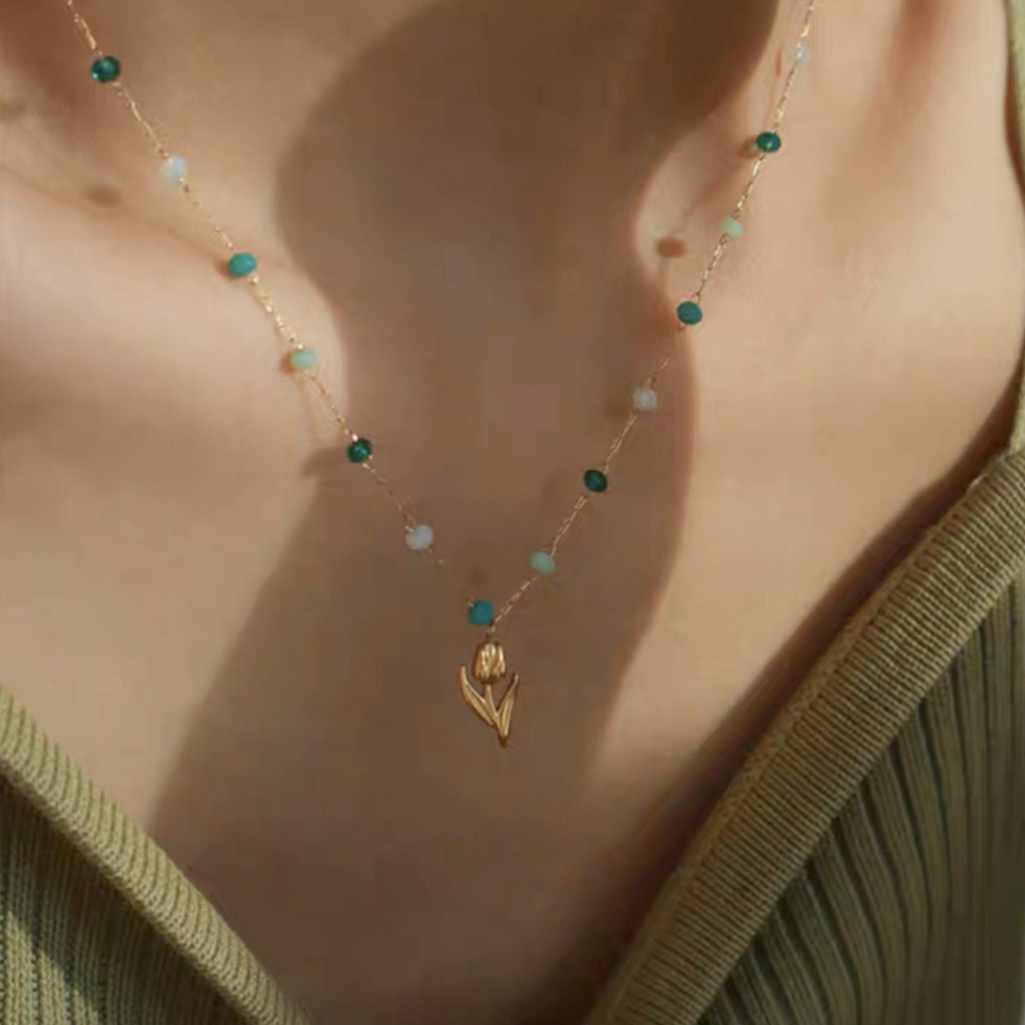 Dainty Plated Gold Tiny Tulip Flower Pendant Necklace with Green Amazonite Beads Chain