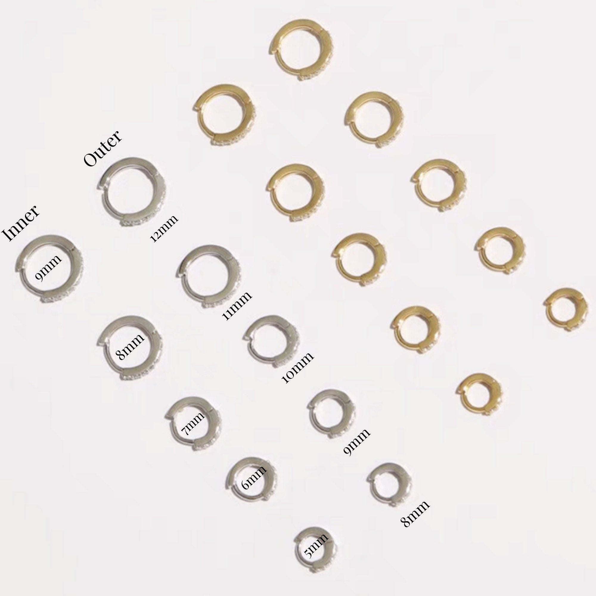 Dainty CZ Gold and Silver Cartilage Huggie Earrings, Multi Sizes Conch Hoop, Tragus Hoop and Small Helix Hoop