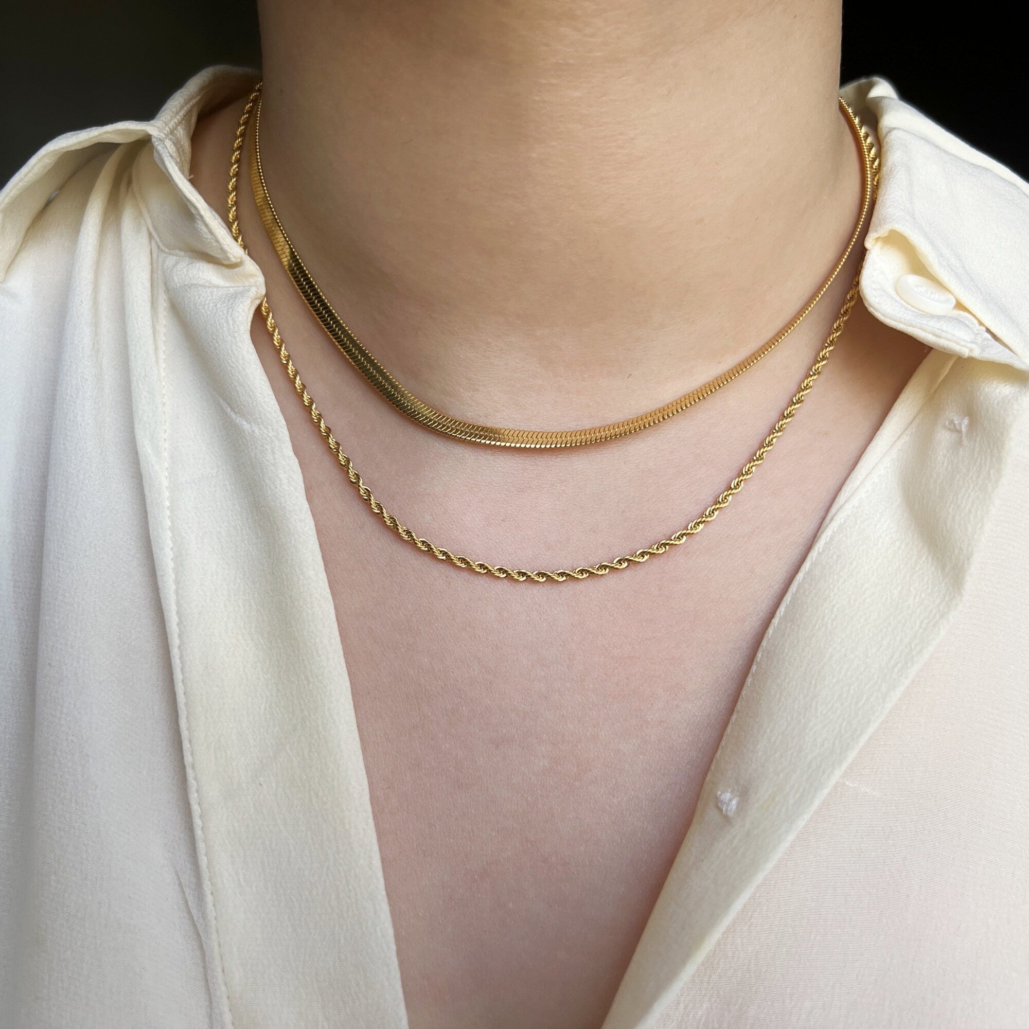 Dainty Gold Double Strands Snake ans Twisted Choker Necklace
